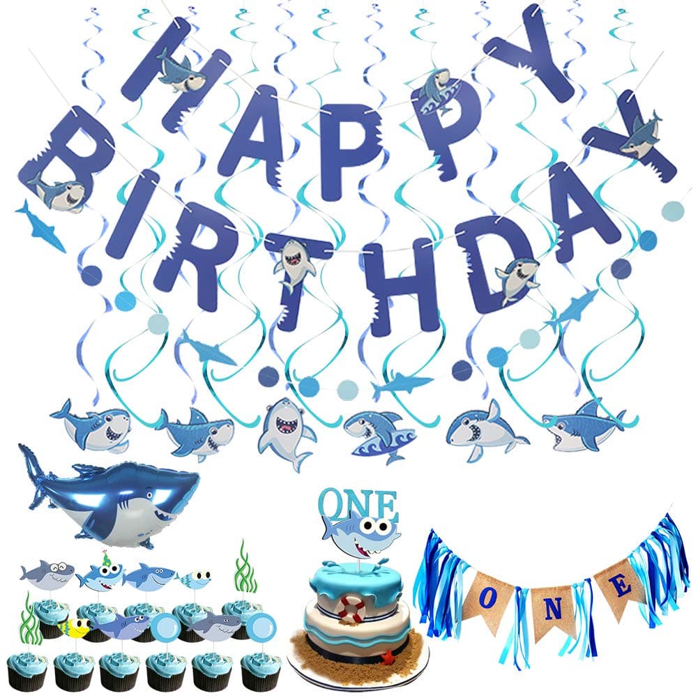 LakPty Blue Shark Party Supplies, 1st Birthday Decorations Kit for Cake Smash Backdrop, Includes Shark Cake Topper, Happy Birthday Banner, Highchair Banner for Baby Boy's/Kid's First Birthday