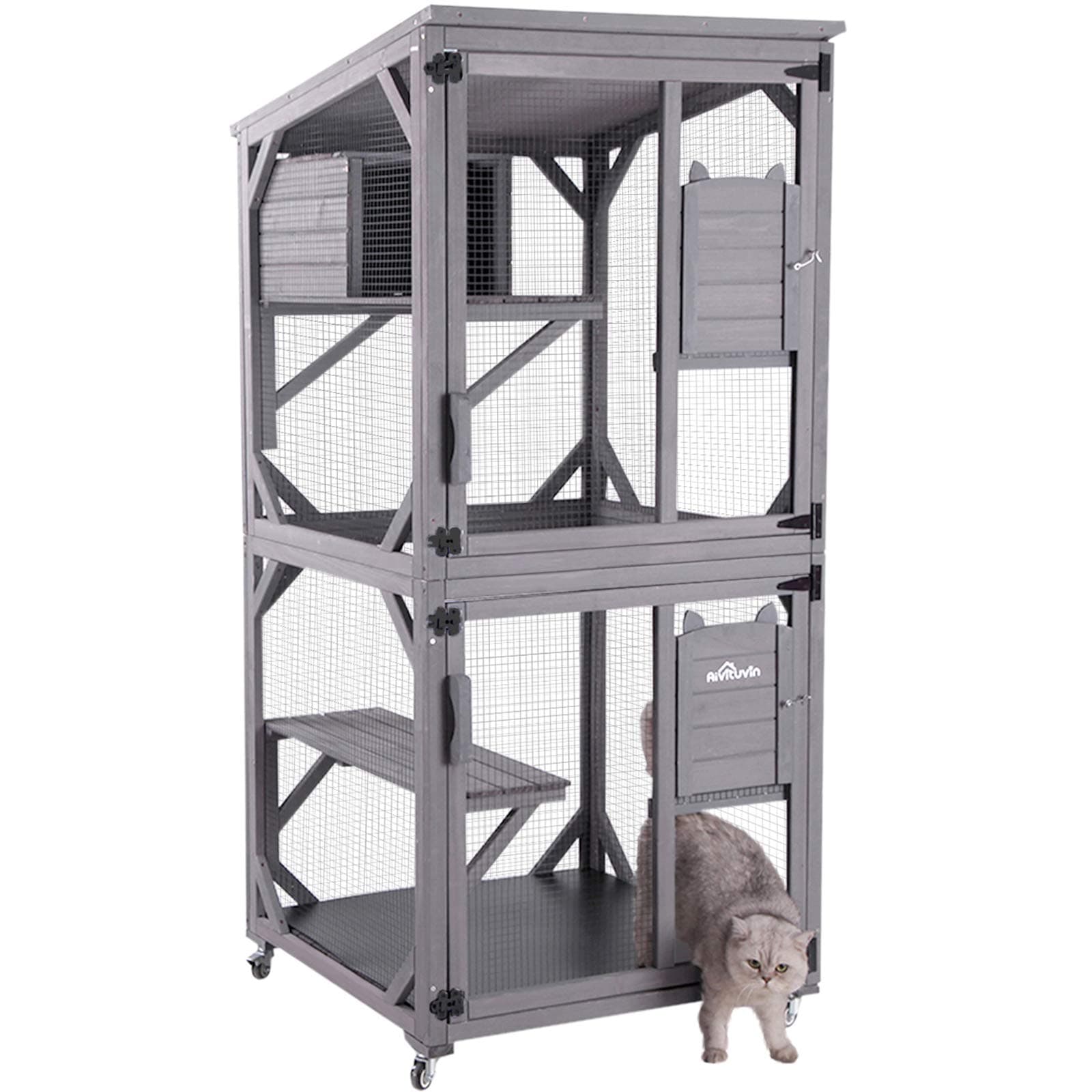 Aivituvin Cat House Outdoor Catio Cat Enclosures on Wheels 70.9" Kitty House with Upgraded Resting Box,Waterproof Roof
