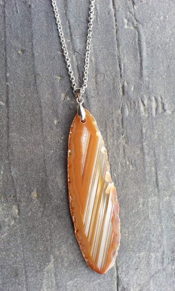 Natural Amber Agate Slice Crystal Pendant Necklace 22 inches Unisex