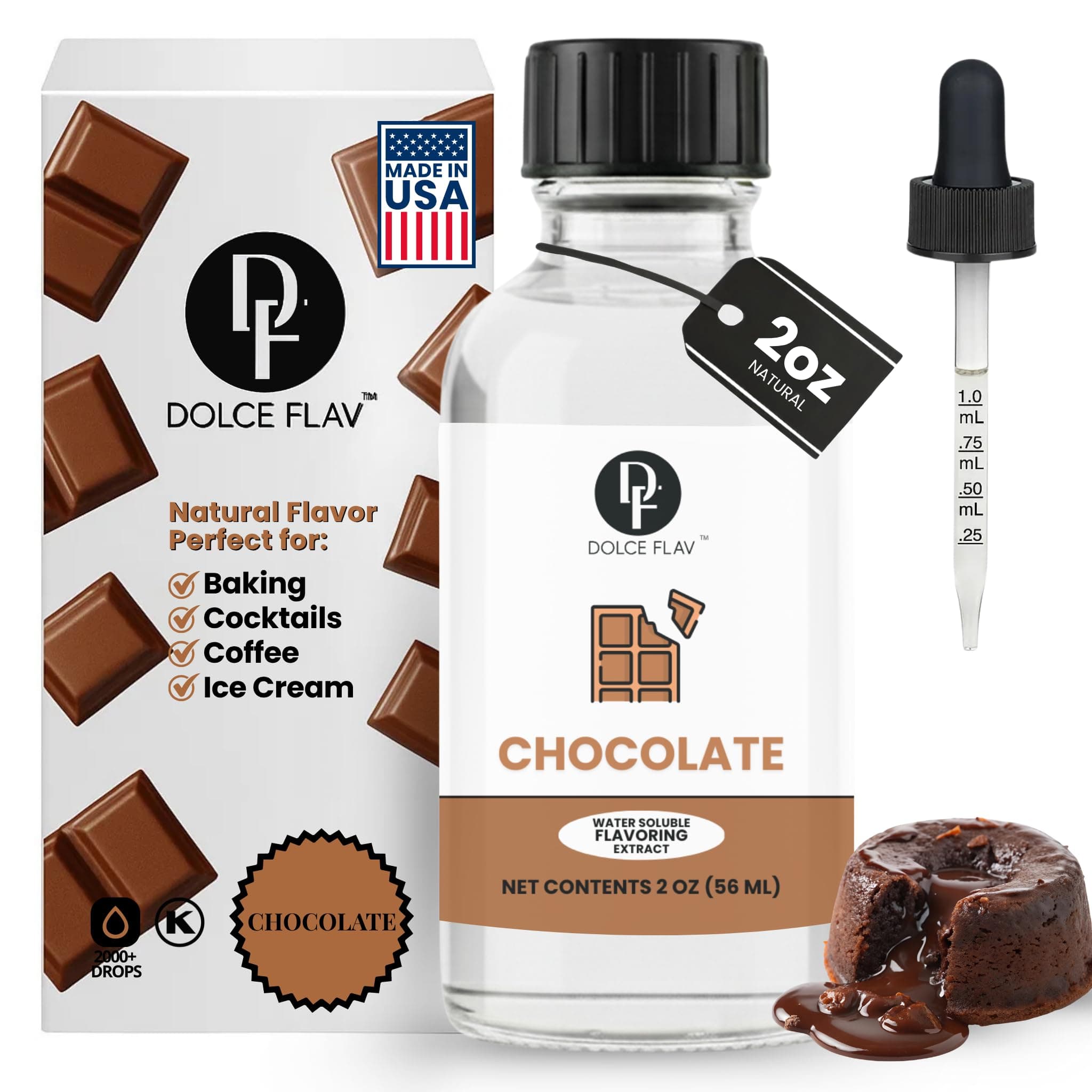 Dolce Flav Natural Chocolate Extract – 2 Ounce Water-Soluble Kosher, Sugar-Free, Concentrated Chocolate Flavor for Baking, Coffee, Ice Cream, Smoothies & Desserts, Includes Measured Dropper