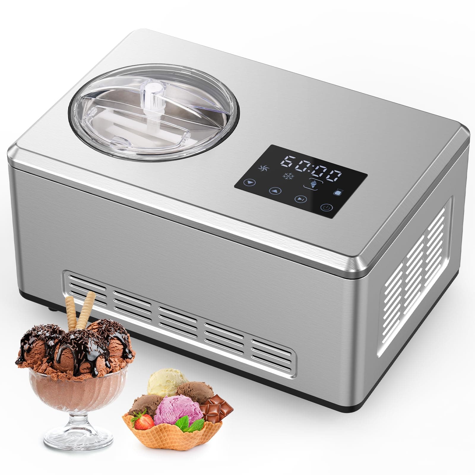 COWSAR 2.1 Quart Ice Cream Maker Machine with Built-in Compressor, No Pre-freezing, LED Digital Display, Frozen Yogurt, Keep-cooling and Timer, Stainless Steel