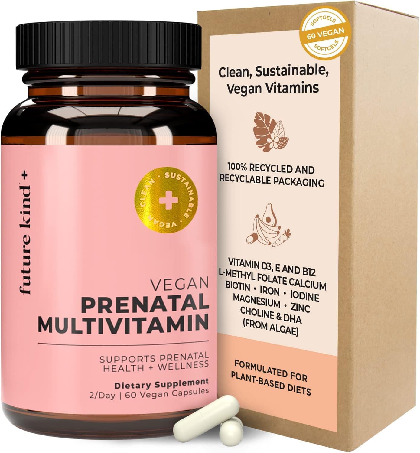 Future Kind Prenatal Vitamin - Pregnancy, Lactation, and Wellness Support with DHA & L-Methylfolate - Folate Supplement for Women with Vitamin D, E, Iron, Omega-3 and Biotin (60 Capsules)