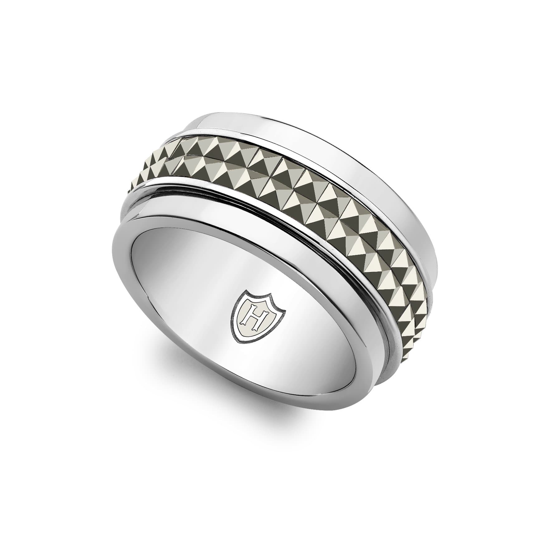 HOXTON LONDON Men's Sterling Silver Pyramid Marcasite-Set Spinning Ring