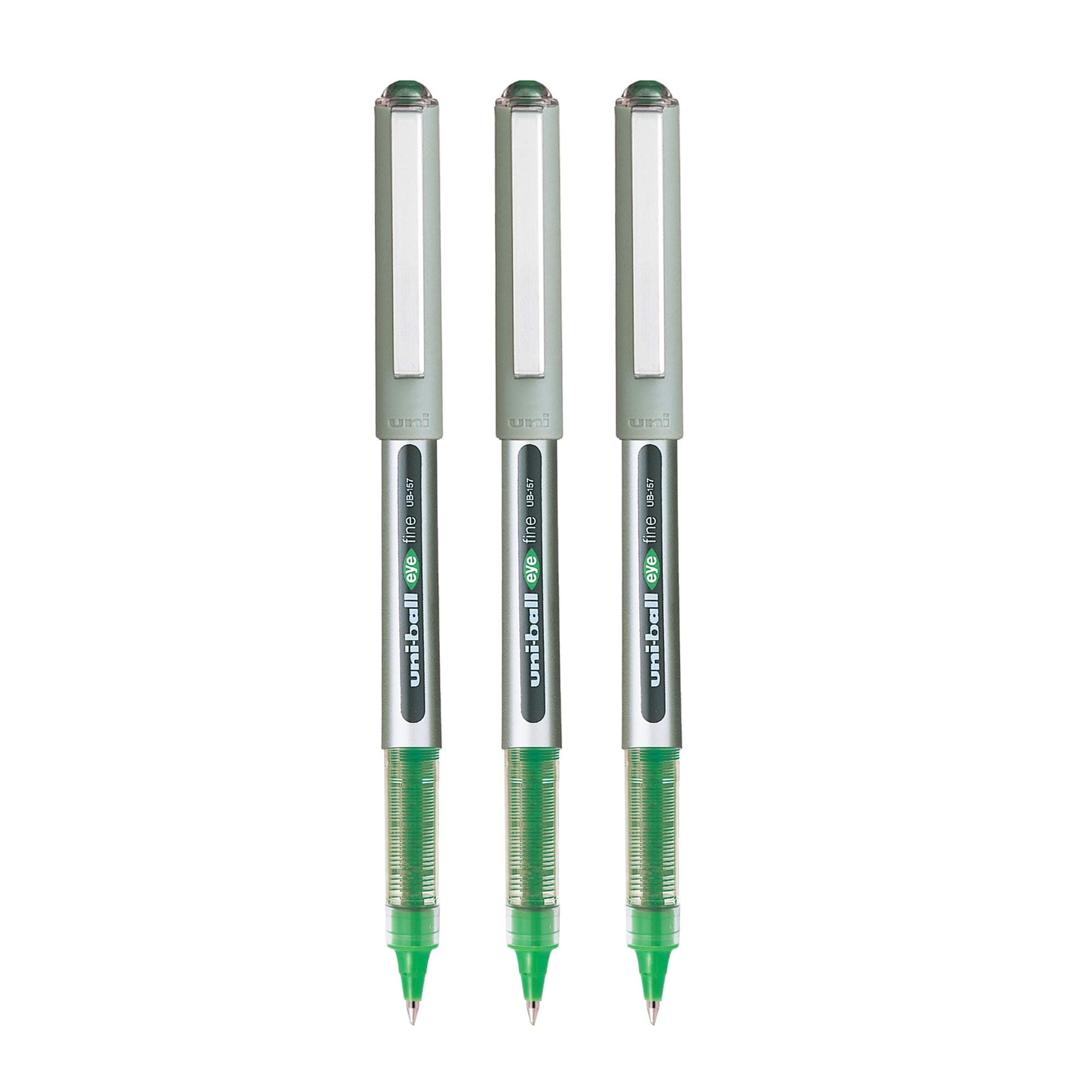 UNI-BALL Eye UB157 0.7mm Roller Ball Pen | Waterproof Pigment Ink | Lightweighted Sleek Body | Long Lasting Smudge Free Ink | School and Office stationery | Green Ink, Pack of 3