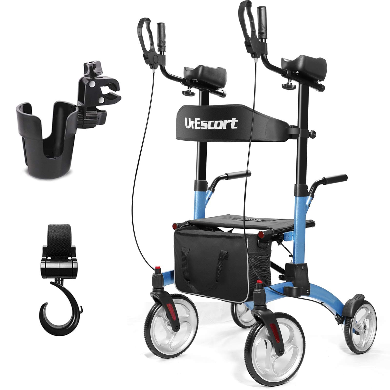 Upright UrEscort Walker with Seat for Seniors, Stand Up Walker with Large Wheels, Armrests &Stand Up Handles, Folding Rollator Upright Rolling Walkers for Seniors and Adults