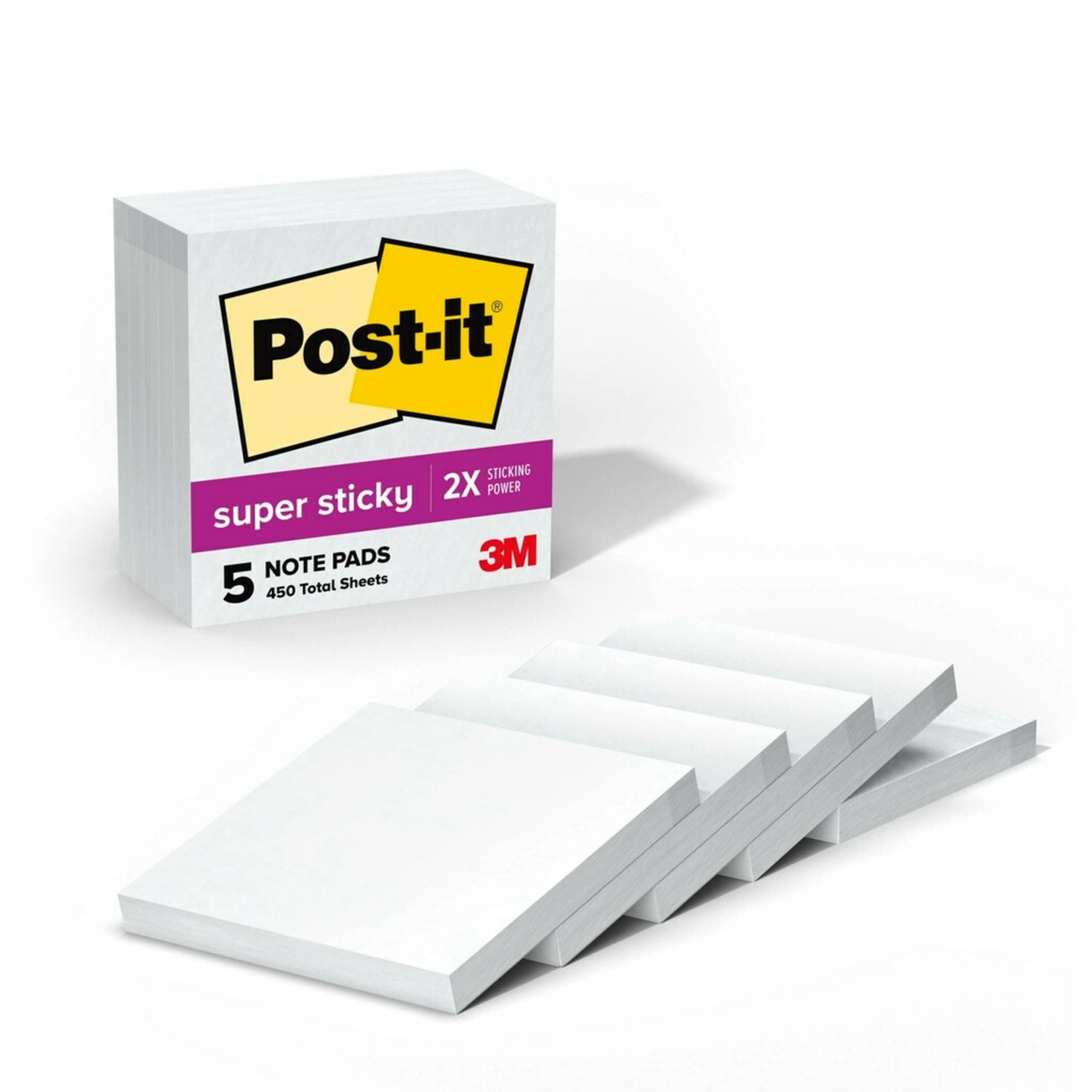 Post-it Super Sticky Notes, 5 Sticky Note Pads, 3 x 3 in., School Supplies, Office Products, for Vertical Surfaces, Monitors, Walls and Windows, First Snow White