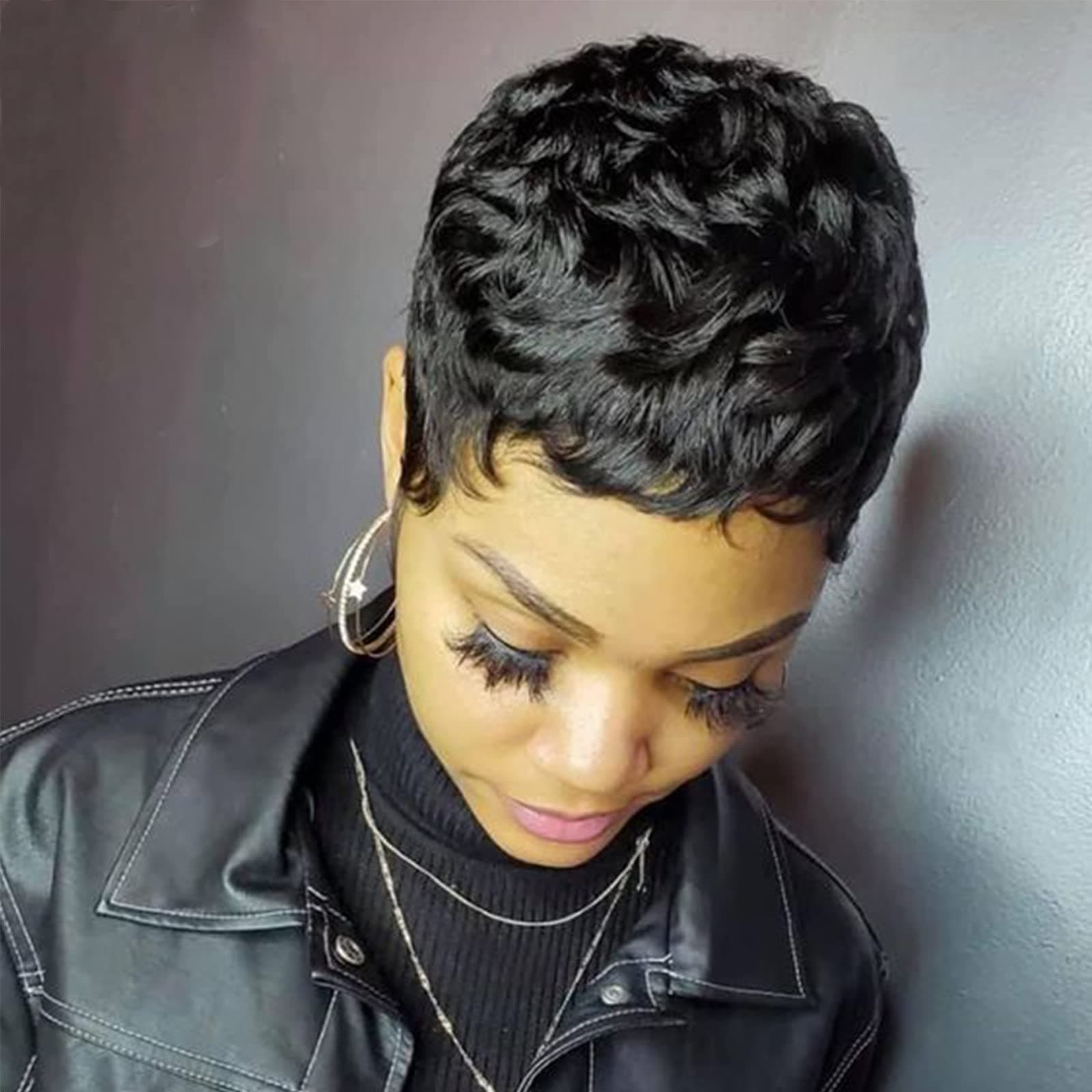 Short Human Hair Wigs Pixie Cut Straight Short Bob Wig for Black Women 100% Brazilian Virgin Human Hair Non Lace Full Machine Made 6 inch Natural Black Color Pixie Human Hair Wig