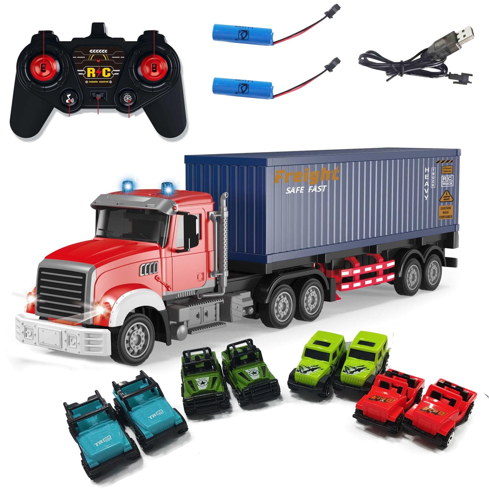 Mostop RC Semi Truck with Trailer - 22.5 Inch Remote Control Semi Truck Toy for Kids, 1:24 Scale Container Truck with 2 Batteries, Carrier Van Transport Vehicle with LED Light & Music,Great Gift