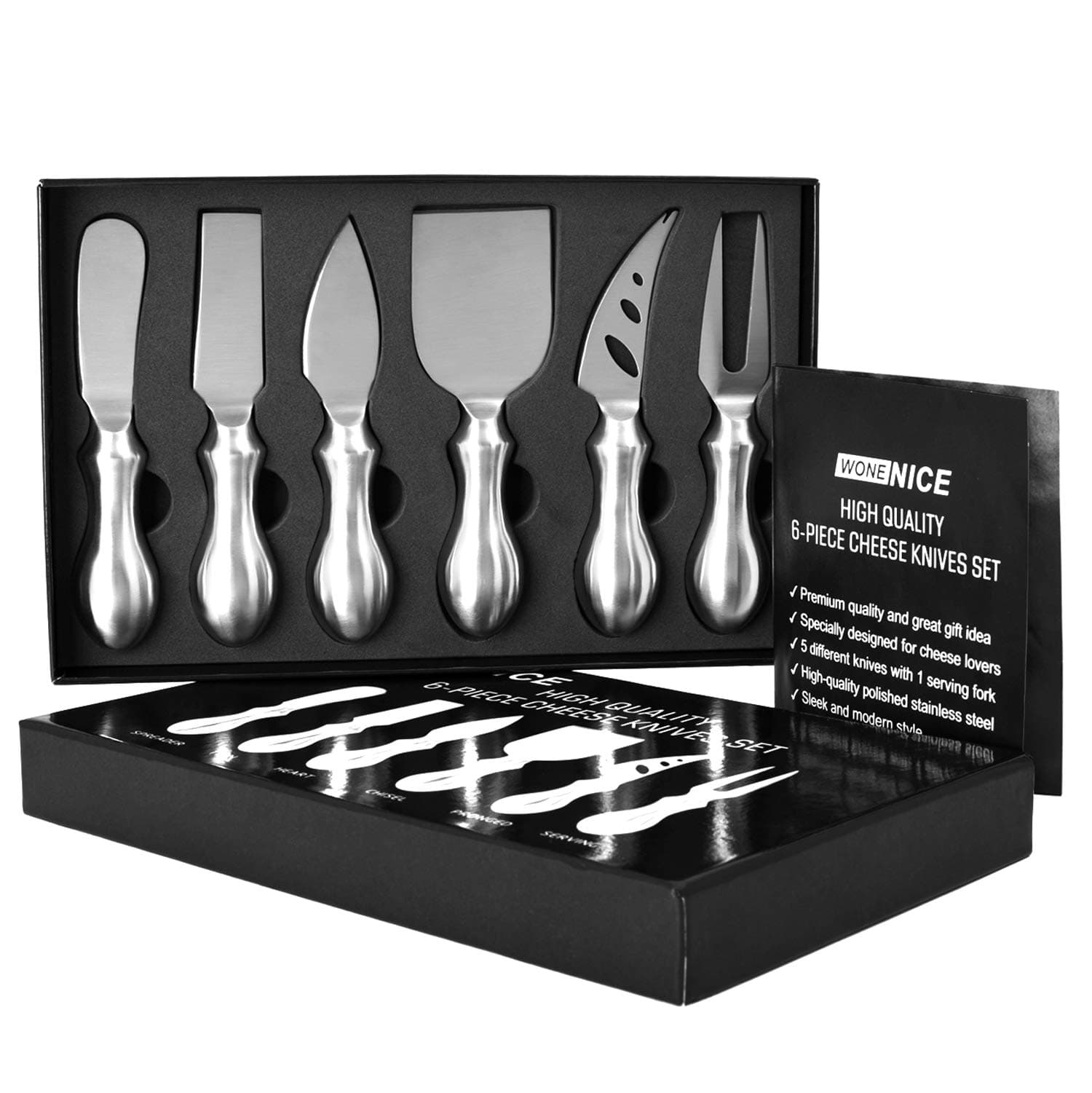 WoneNice Cheese Knife Set, 6-Piece Stainless Steel Knives for Charcuterie, Gift Ready