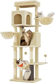 Feandrea Cat Tree, 69-Inch Tall Cat Tower, Multi-Level Plush Condo with 2 Caves, 2 Baskets, 5 Scratching Posts, Self-Groomer, Perch, Hammock, Sand Beige UPCT182Y01
