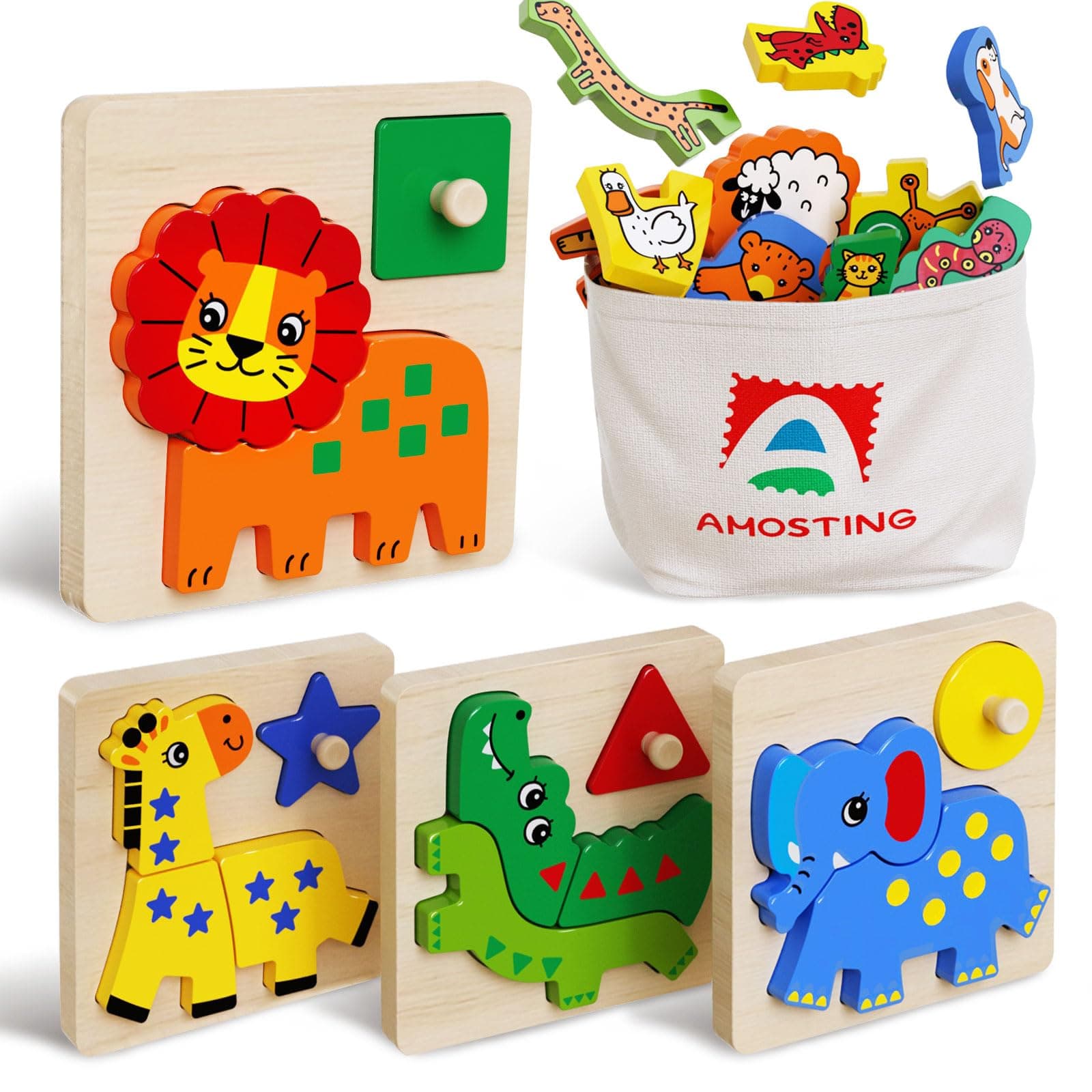 AMOSTING Wooden Animal Puzzles for Toddlers 1-3, Montessori Peg Toys with Color Matching Shape Sorter Stacking, Sensory Toys for Toddlers 1-2-3, Girl and boy Birthday Gift