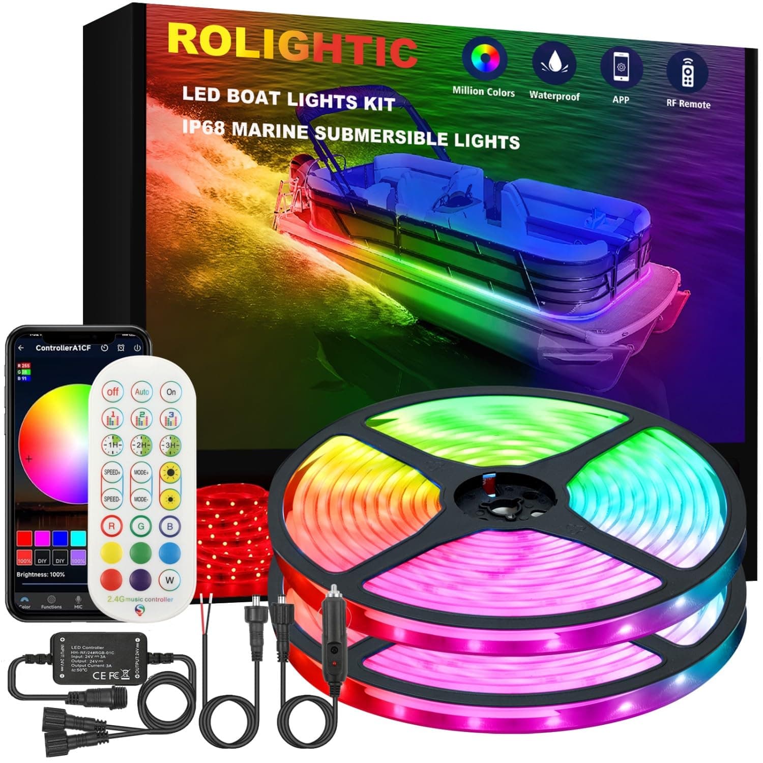 Marine Submersible Boat LED Strip Lights, 32.8FT IP68 Waterproof Underwater Boat RGB Lights, Boat Deck Light, Under Boat Light for Night Fishing Pontoon Boats, RF/APP Control