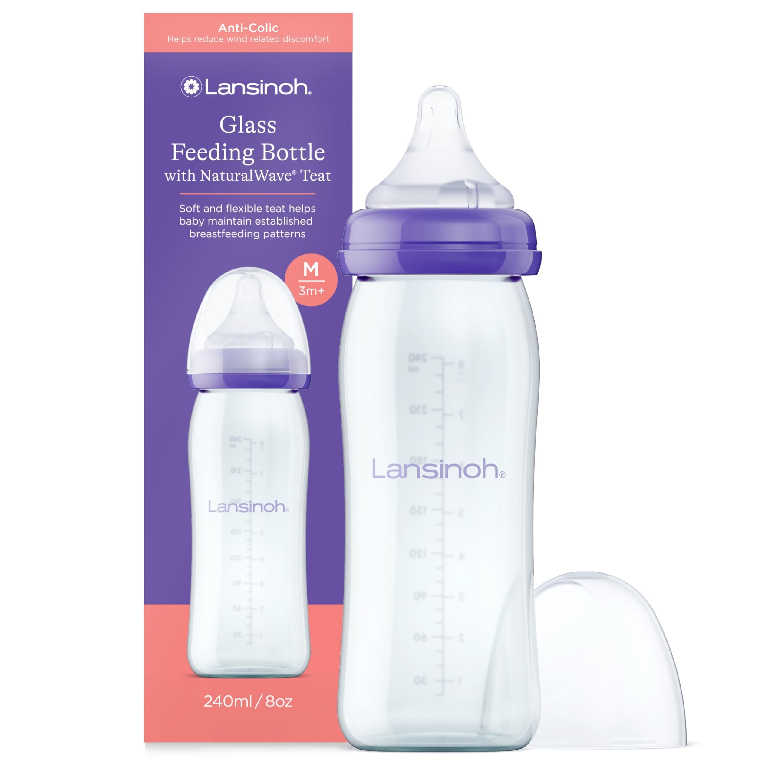 Glass Baby Bottle + NaturalWave™ Medium Flow Teat with Anti Colic Air Vent - 240ml - Breastfeeding Bottle Feeding: Clinically Proven to Reduce Nipple Confusion