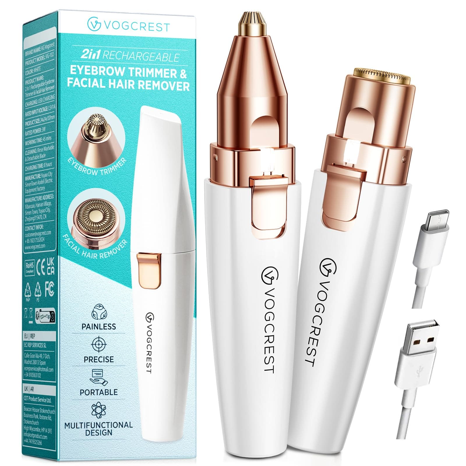 Rechargeable Eyebrow Trimmer & Facial Hair Remover for Women, 2 IN 1 Eyebrow Razor and Flawless Hair Remover, Eyebrow Lips Nose Body Facial Hair Removal for Women with Built-in LED Light (White)