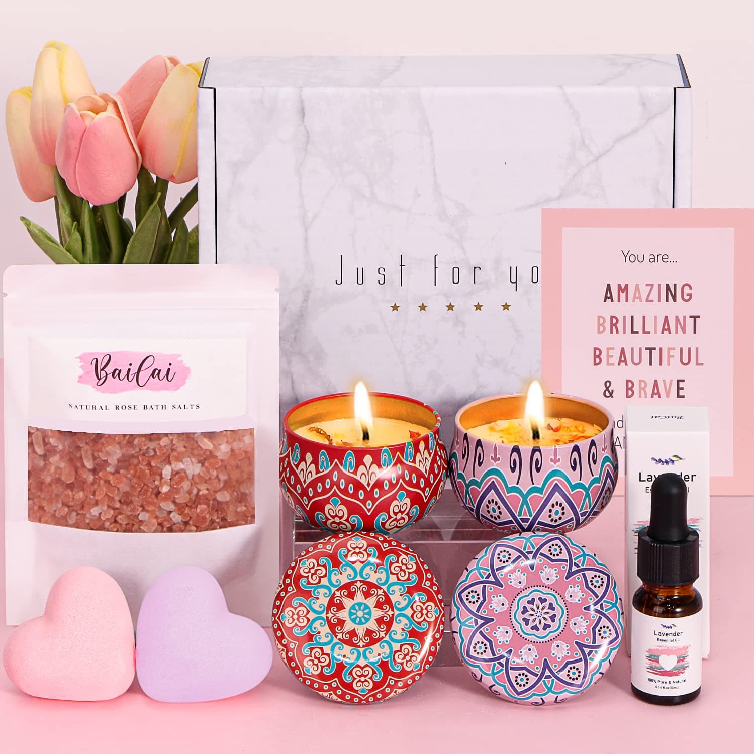 Lavender&Rose Birthday Pamper Gift for Women, Relaxation Pamper Hamper Gifts for Women Self Care package for Her, Ladies Spa Sets Bath Gift Sets Get Well Soon Gifts for Best Friend Bestie Sister