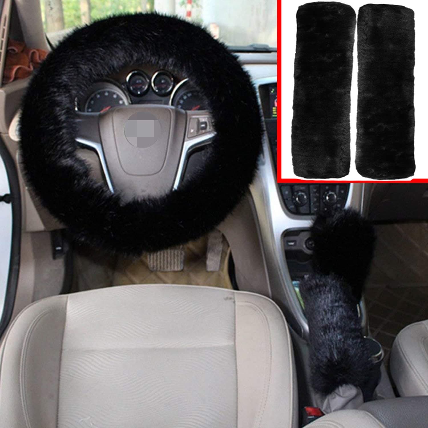 Forala 1 Set 5 Pcs Car Steering Wheel Cover & Handbrake Cover & Gear Shift Cover Set & Seat Belt Shoulder Pads Faux Wool Warm Winter (Wine Red) (Black)