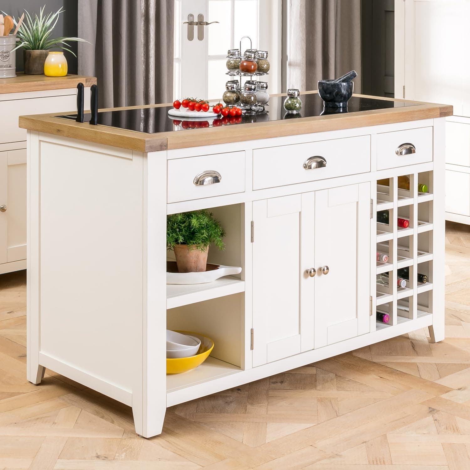 The Furniture Market Cheshire Cream Painted Large Kitchen Island – Black Granite Top with Solid Oak Frame – Versatile Storage with Wine Rack and Knife Slots - H 865mm x W 1400mm x D 670mm