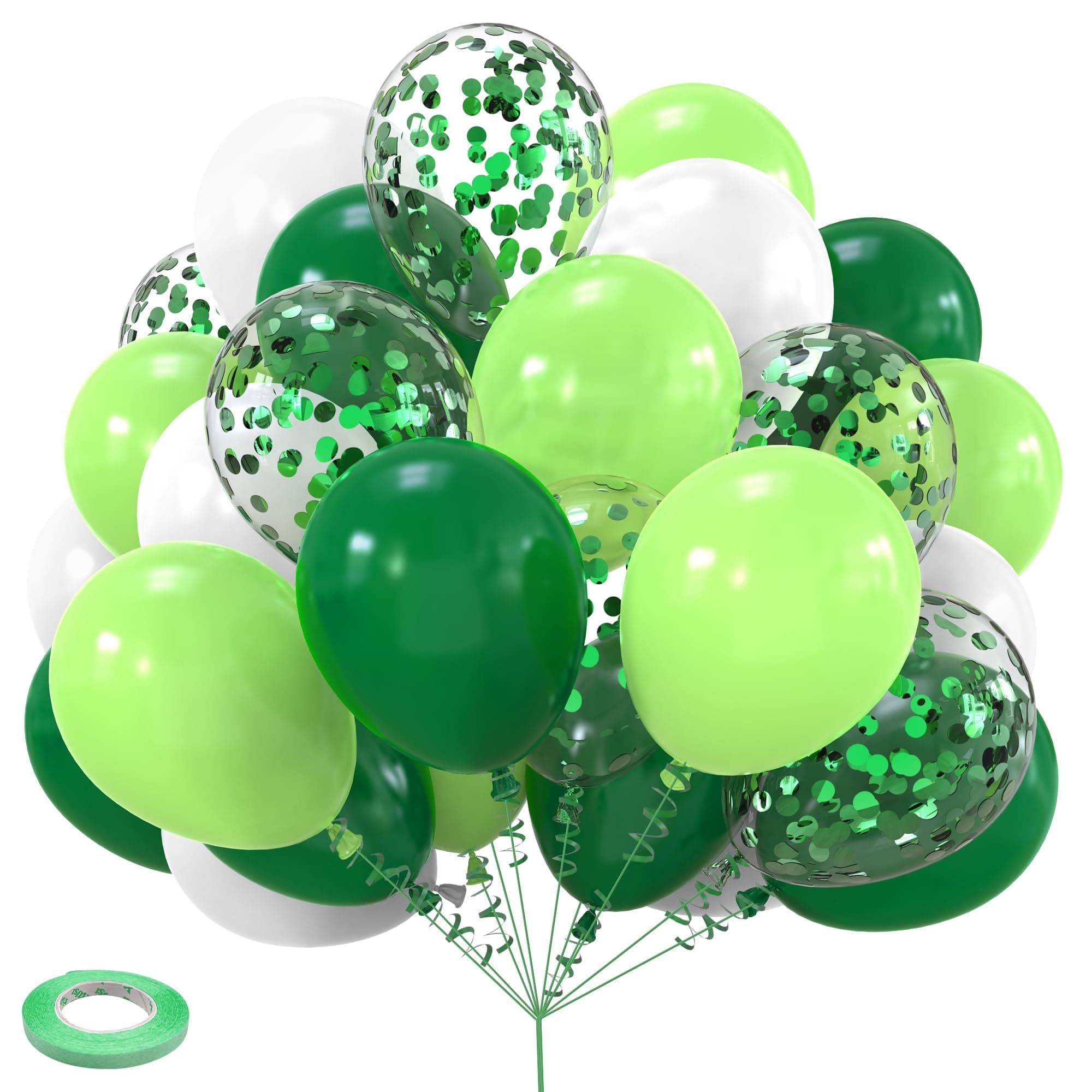 Green and White Balloons Set - 60 Pcs Party Balloons Decor - Green Confetti for Kids Birthday - Strong Latex Balloon Pack for St. Patrick's Day Baby Shower, Jungle Themed Party Decoration 12 Inch