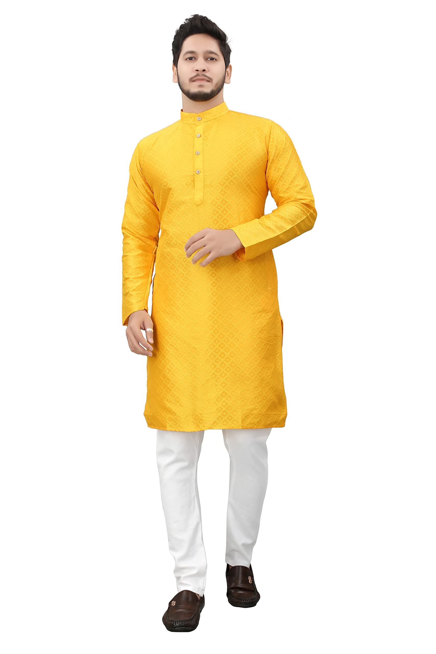 More & MoreMen's Cottan Blend Kurta, Yellow, XL