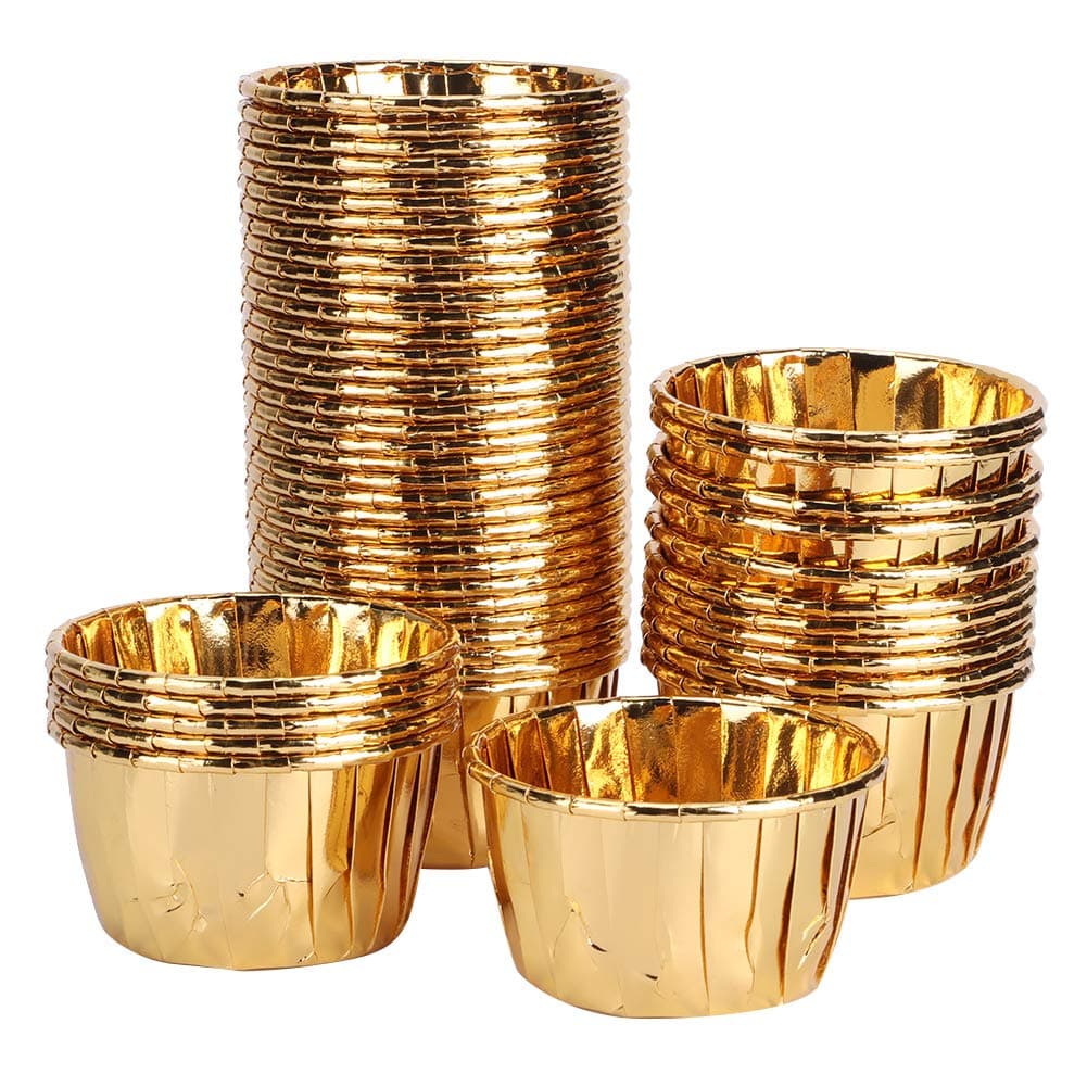 NDNCZDHC 50 Pièces Tasses de Cuisson en Papier d'aluminium Doublures de Cupcake, Doublure de Cupcake en Papier Bouclé Double Face Antiadhésive, Matériel de Cuisson pour Muffins (or)