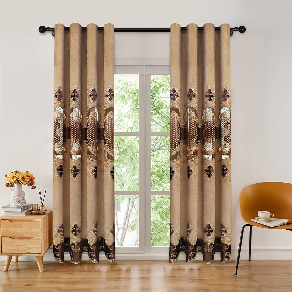 ELKCA Luxury Coffee Chenille Curtain with Embroidered Pattern for Living Room European Curtains for Bedroom,Grommet Top (52" W x 96" L,Pack of 2)