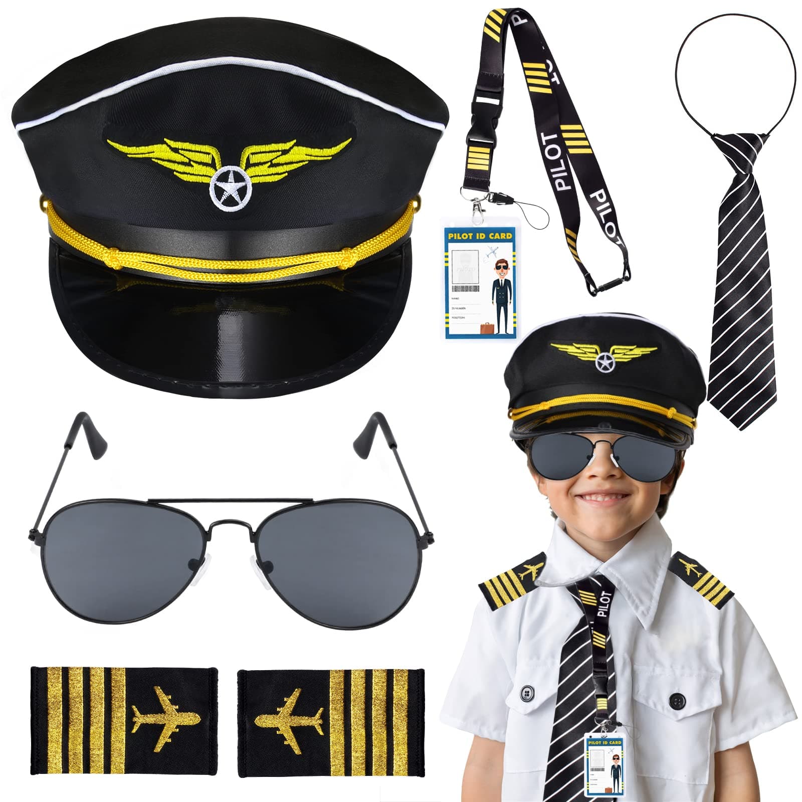 Kids Pilot Costume Accessories Set With Aviator Hat Sunglasses Tie Pin for Aviation Halloween Dress Up