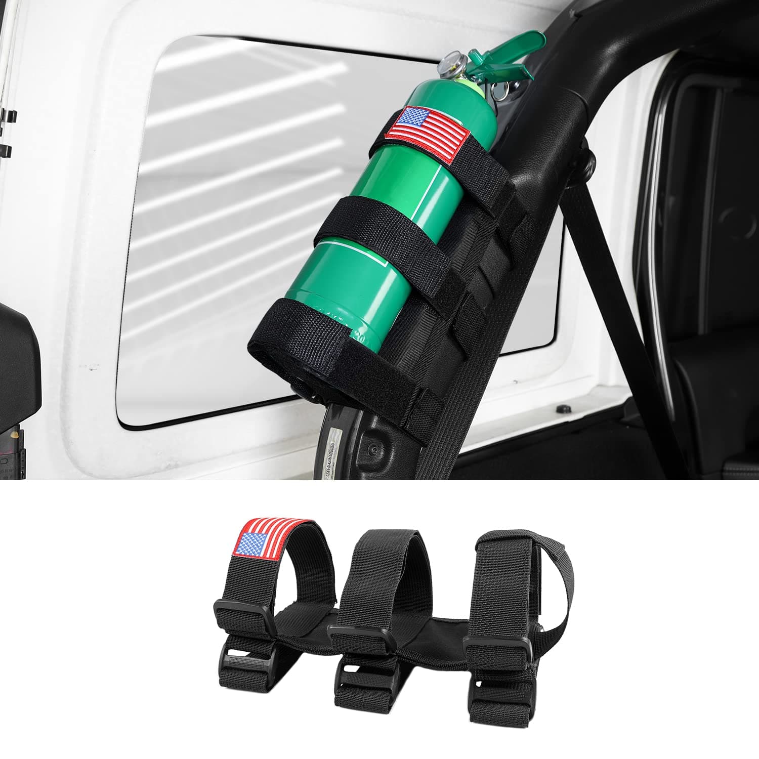 RAZPOY Roll Bar Fire Extinguisher Mount Holder for Jeep, Adjustable Fire Extinguisher Holder Strap Bracket Compatible with 1965-2022 Jeep Wrangler TJ CJ YJ JK JKU JL JLU JT, American USA Flag