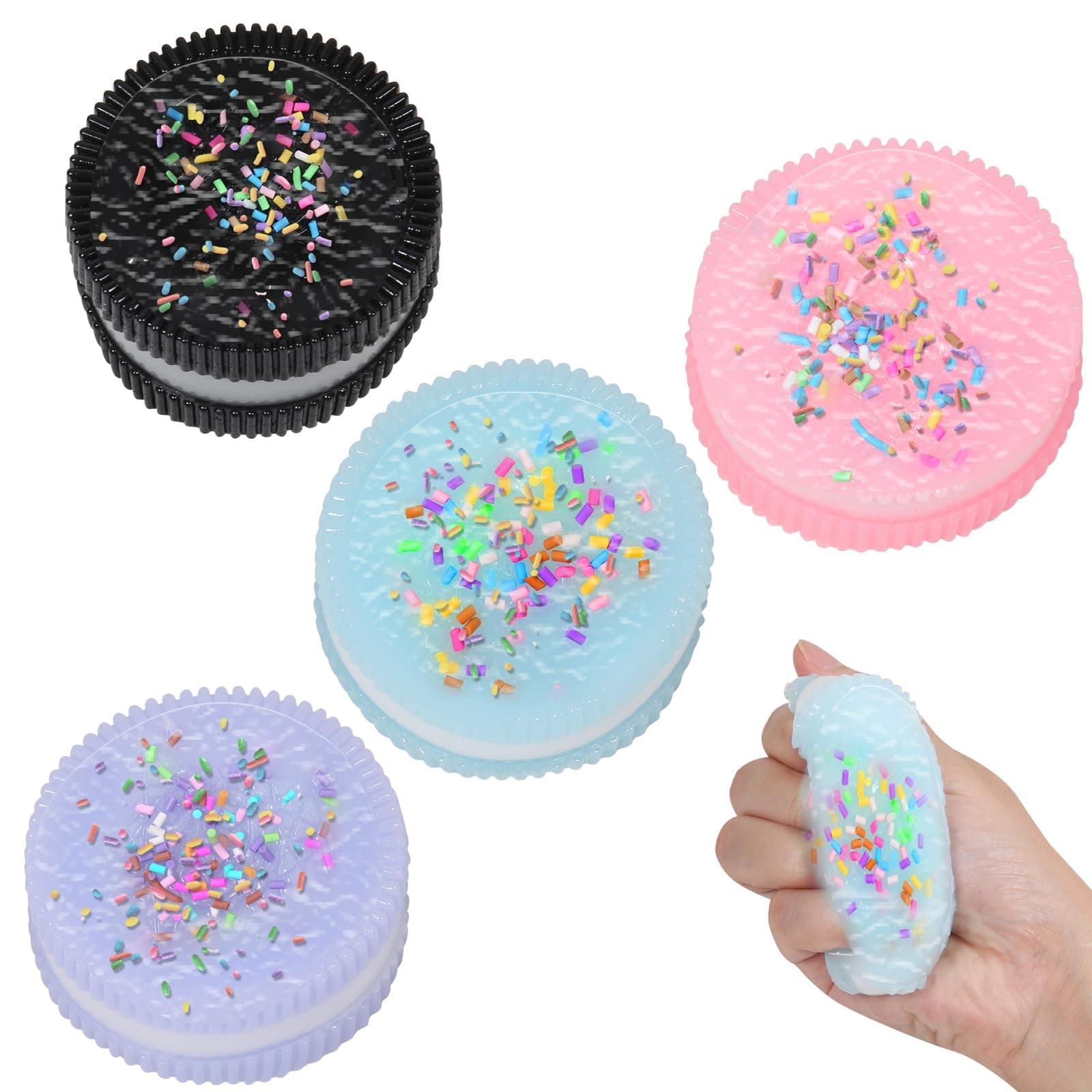 4pcs Handmade Soft Cookie taba Squishy Silicone Stress Relief Squishy Toy Pink Cookie Dessert Kawaii Squishies PVC New Fidget Toy Stress Relieving Fur Ball OPP Packaging Gifts (4pcs)