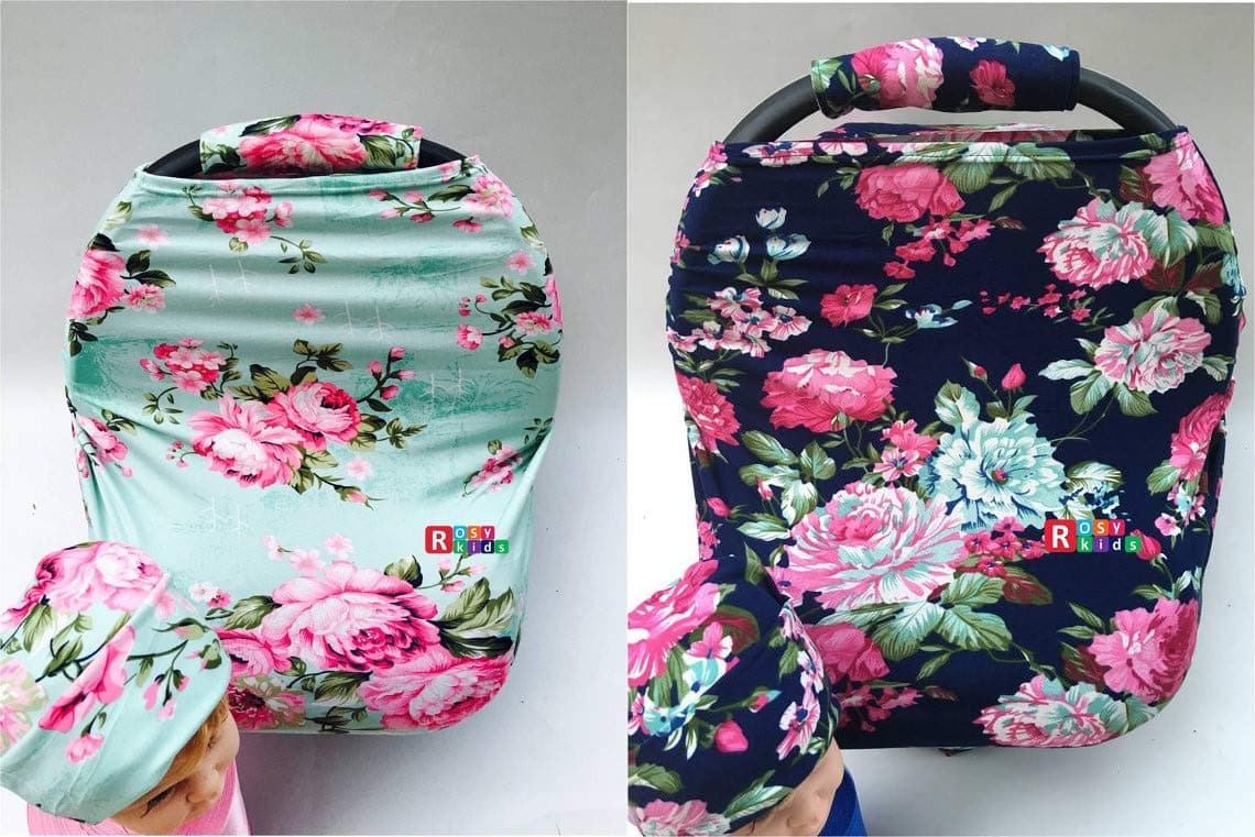 Rosy Kids Stretchy Infant Car Seat Canopy Cover, Jersey Elastic Nursing Scarf Privacy Cover with Matching Car Seat Handle Cover and Baby Hat, Pack of 2, Color28AT01