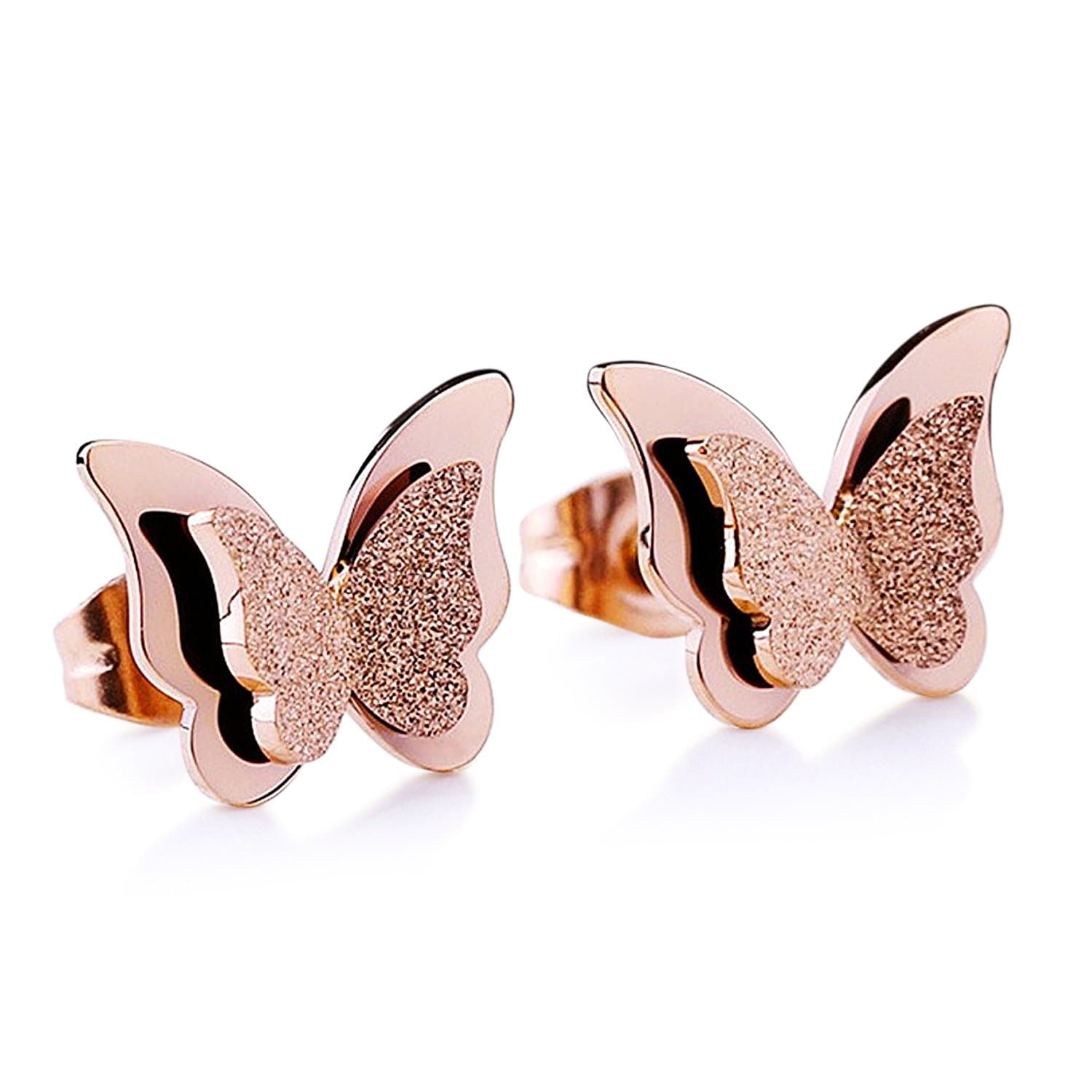 Rose Gold Cute Butterfly Stainless Steel Stud Earrings for Women Journey Jewelry Girls Gift (Rose Gold)