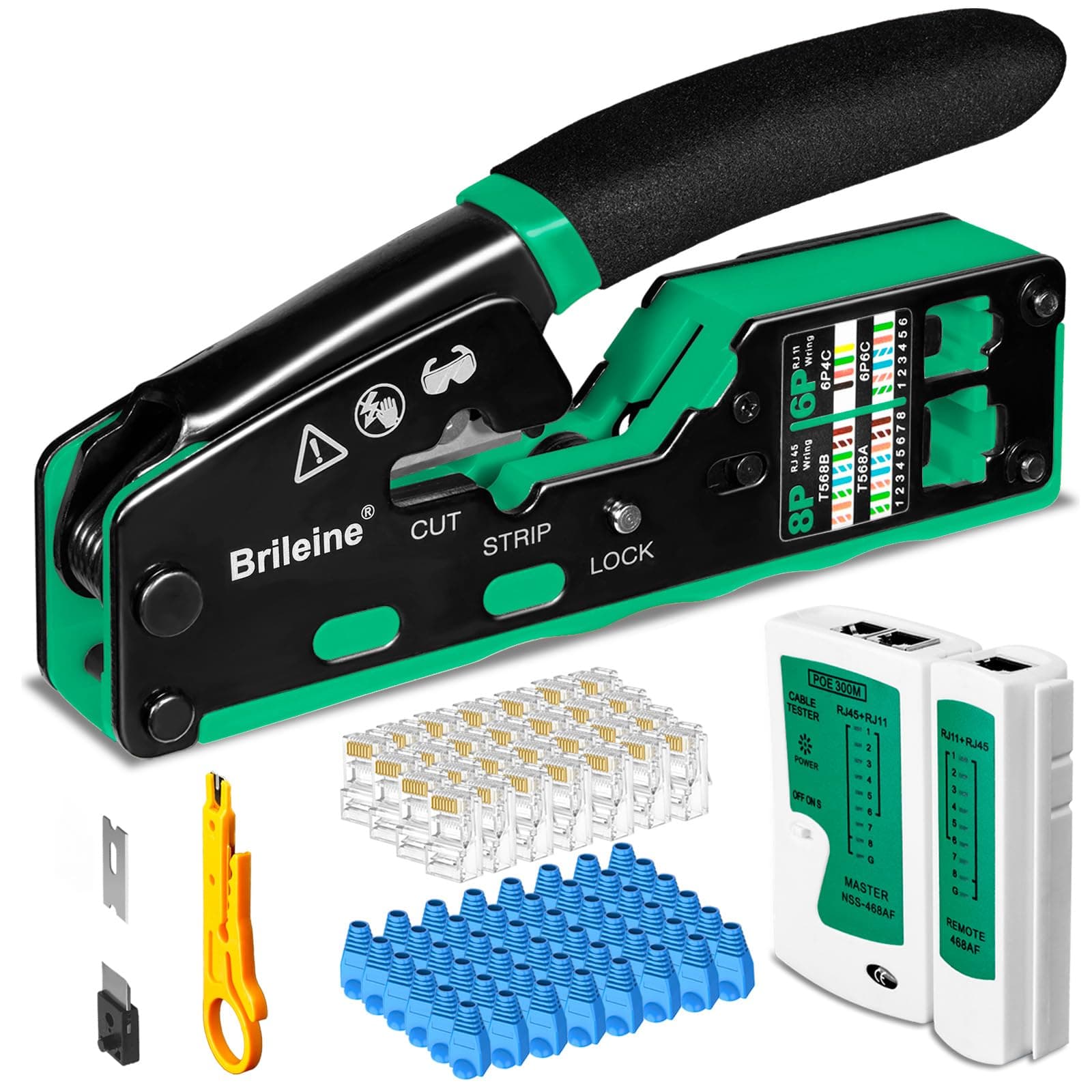 RJ45 Crimp Tool Pass Through Kit Ethernet Crimper Cat5 Cat5e Cat6 Crimping Tool for RJ11/12 6P/8P with Network Lan Cable Tester, 50PCS CAT6 Connectors, 50PCS Boots, Mini Cable Stripper