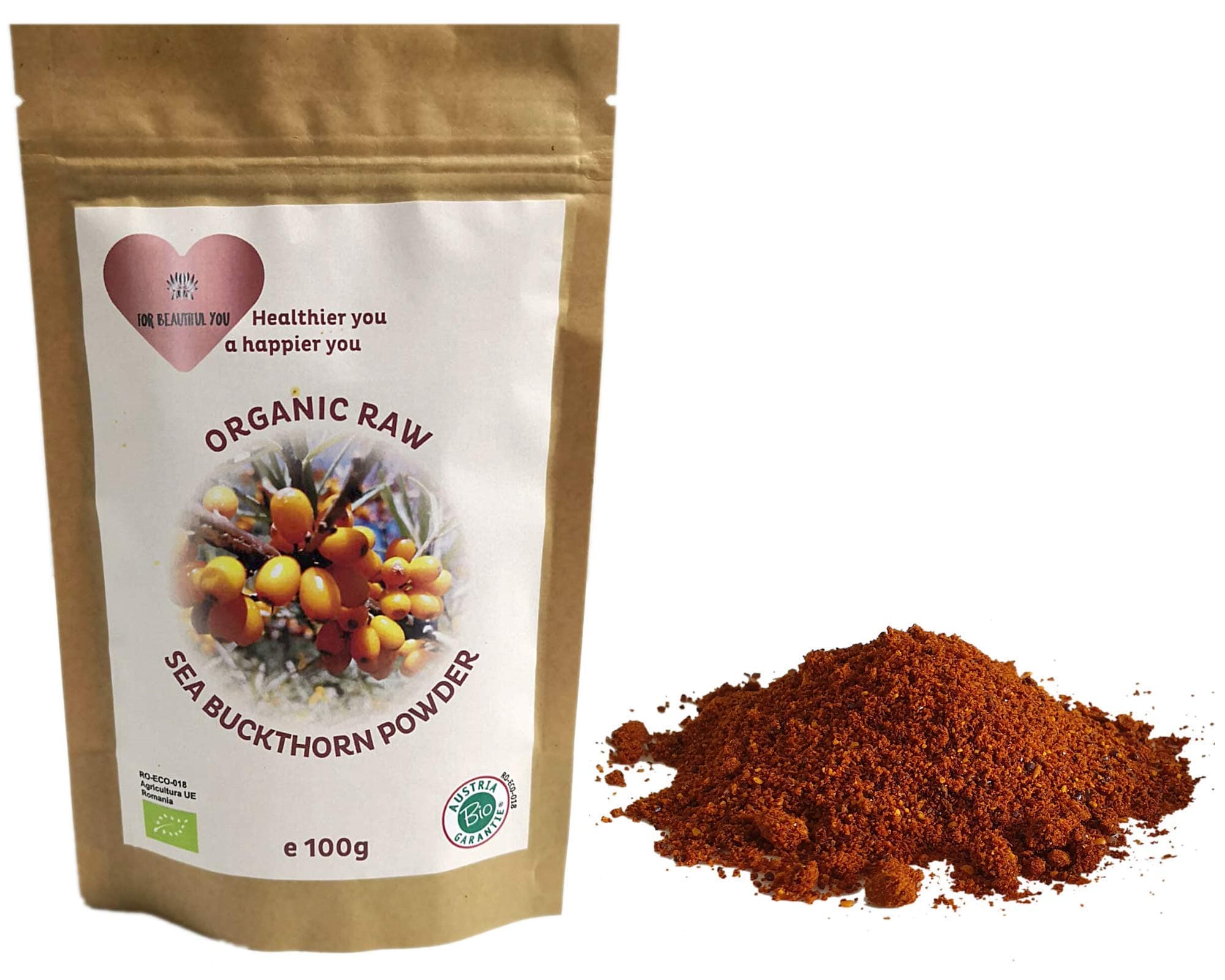Organic Raw Sea Buckthorn Dried Berry Fruit Powder - Natural Vitamin C Supplement to Improve Immune System - Rare Omega 7 - Vitamin A and E- 100% Vegan Non GMO Whole Berry 3.53 oz