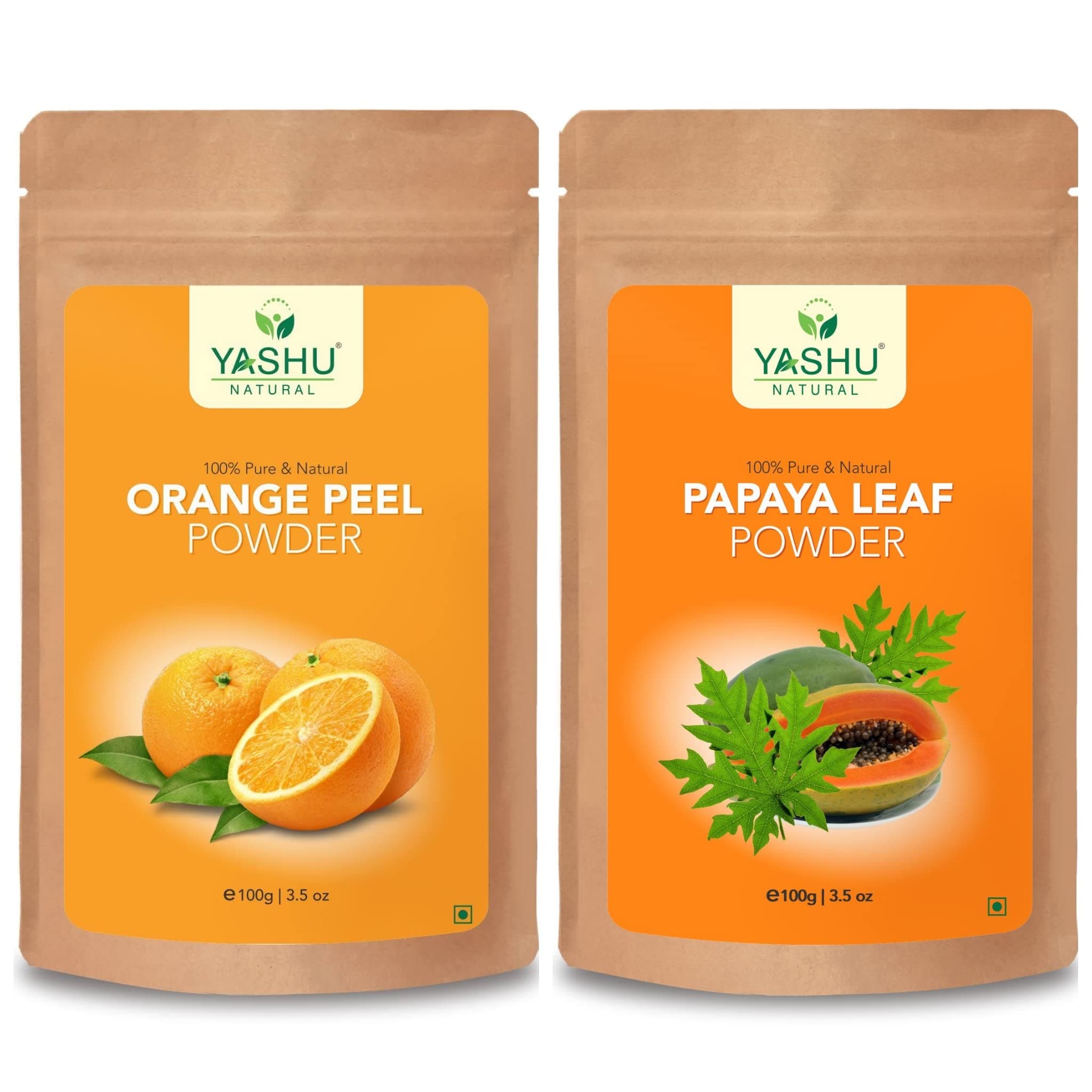 YASHU Pure & Organic Orange Peel & Papaya Leaves Powder for Skin Brightening | Face Pack for Pigmentation Control | Pack of 2 (200g)