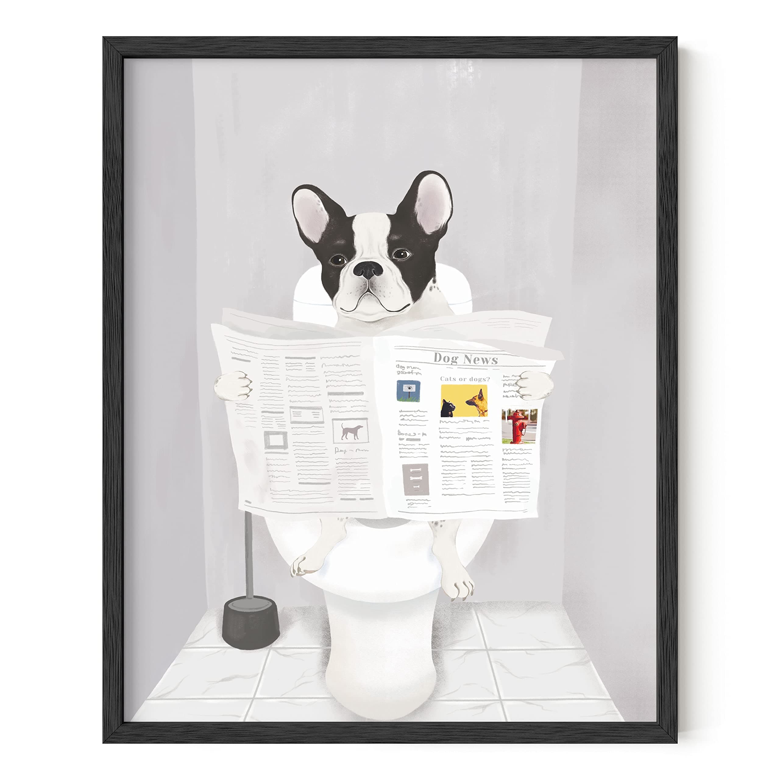 HAUS AND HUES Funny Dog Bathroom Decor - Funny Bathroom Wall Art of Dog Poster | Animal Posters French Bulldog Wall Art (Black Frame, 16x20)