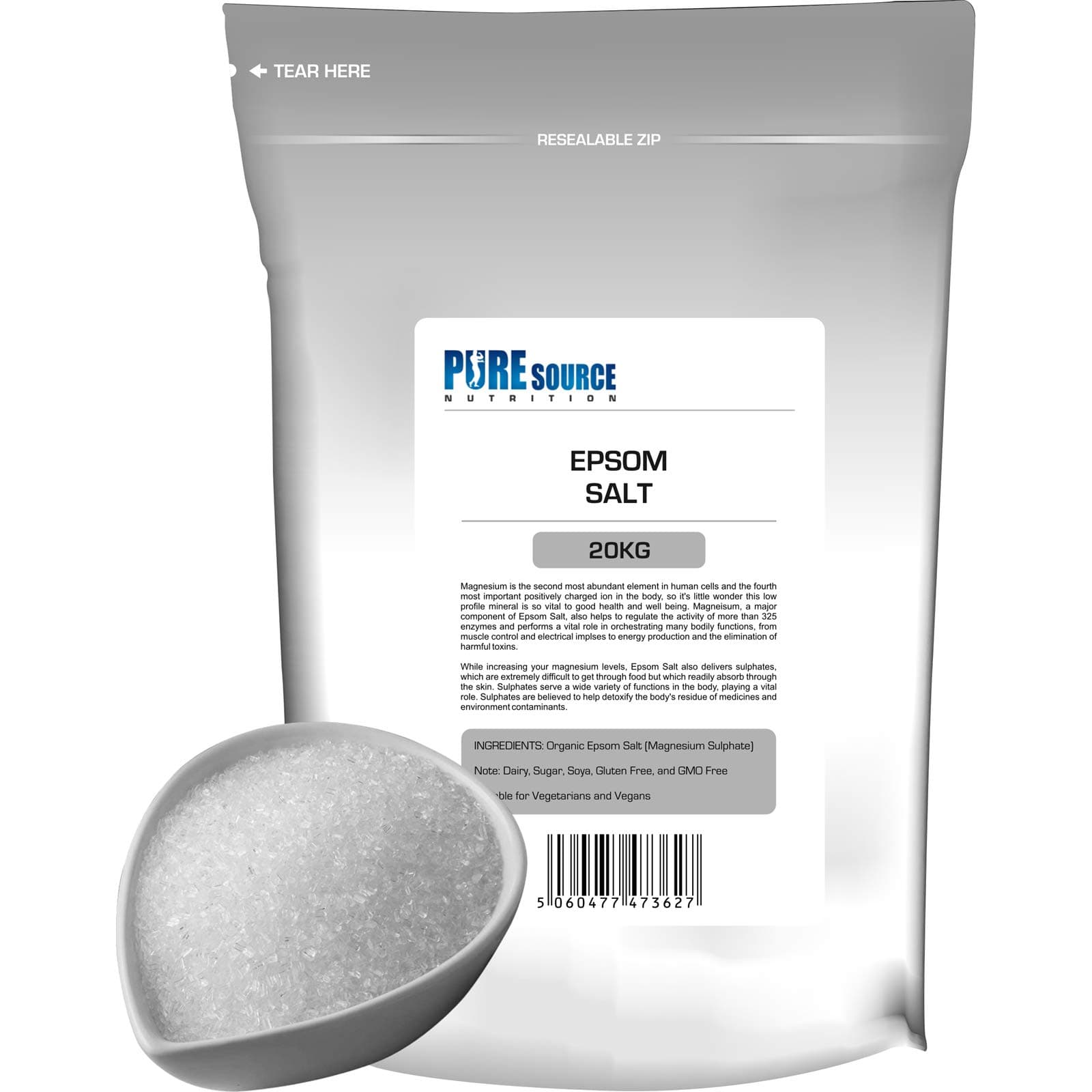 Organic Epsom Salt Vegan Epsom Salts for Bath Bathing Bath Bombs | 100% Pharmaceutical | FCC Food Grade | Natural Magnesium Sulphate by Pure Source Nutrition (20kg)