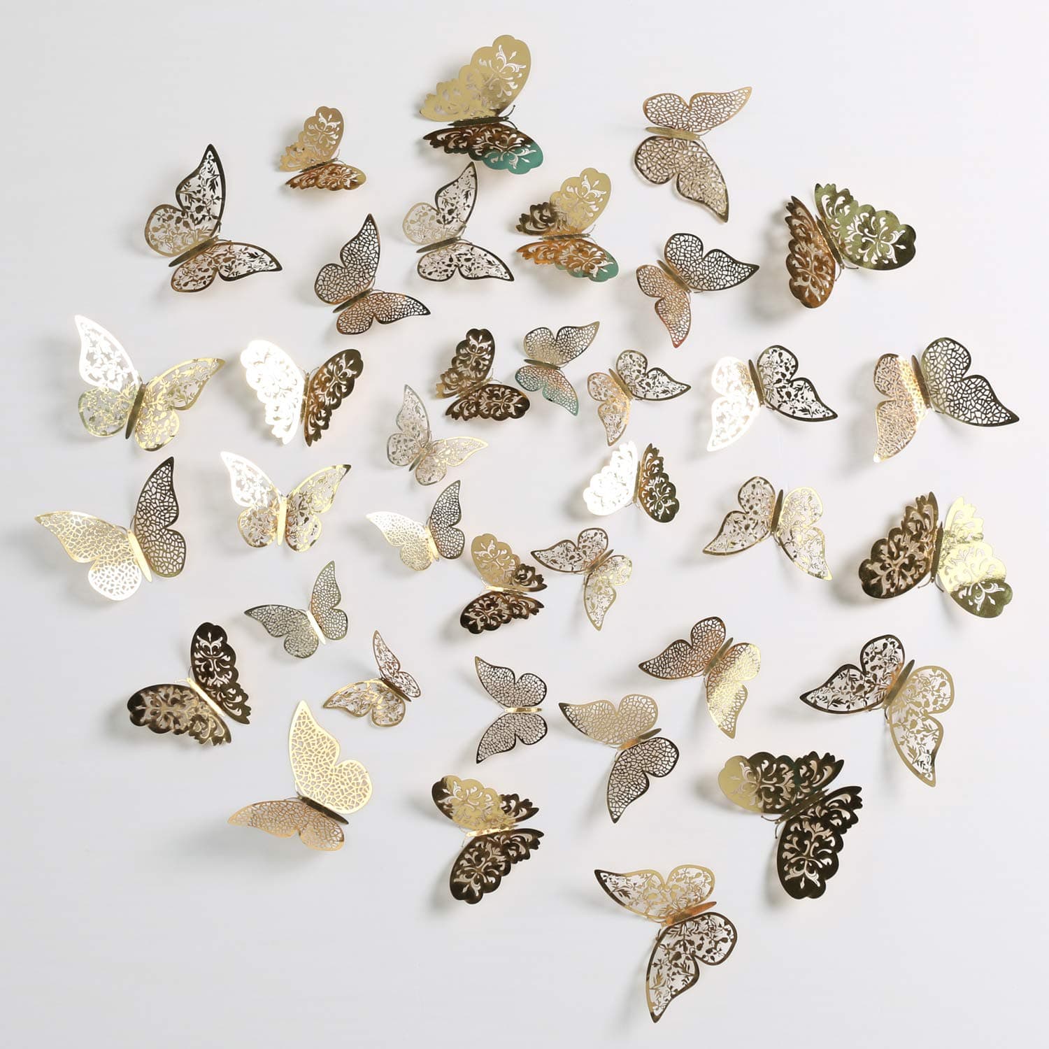 Aooyaoo 36 Pcs Gold Butterfly Wall Decor Hollow-Out 3D Butterfly Stickers Glitter Art Murals for Wall or Party Decorations
