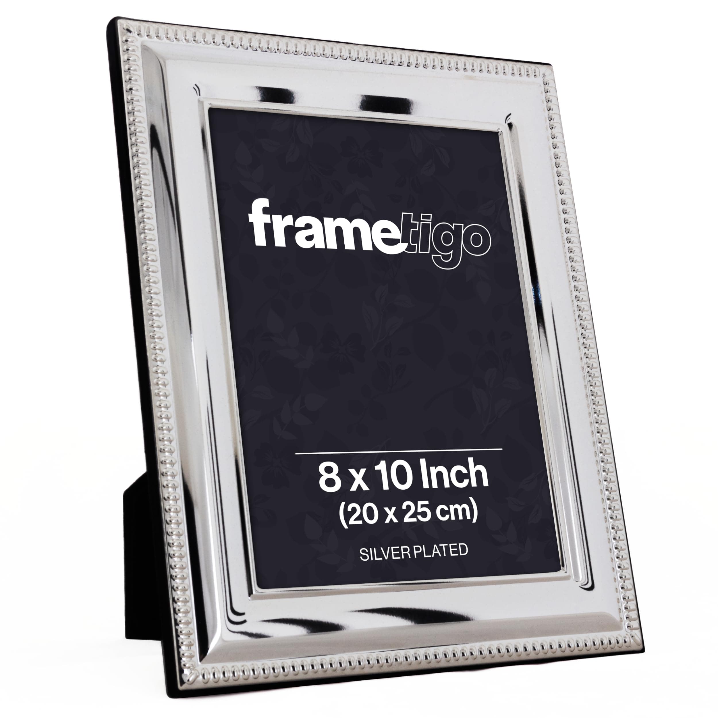 Silver Plated Bead Photo Frame, 8"x10" (20x25cm) Photo Size - Velvet Frame Backing & Stand - Real Glass Window - Tarnish Resistant - Landscape or Portrait Orientation
