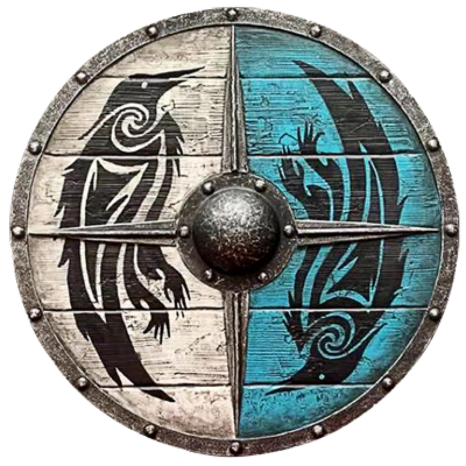 JALEOWooden Round Viking Shield - Knight Handicraft, Warrior Wall Plaque Decor, Small Raven Shield for Home Office Decor Blue