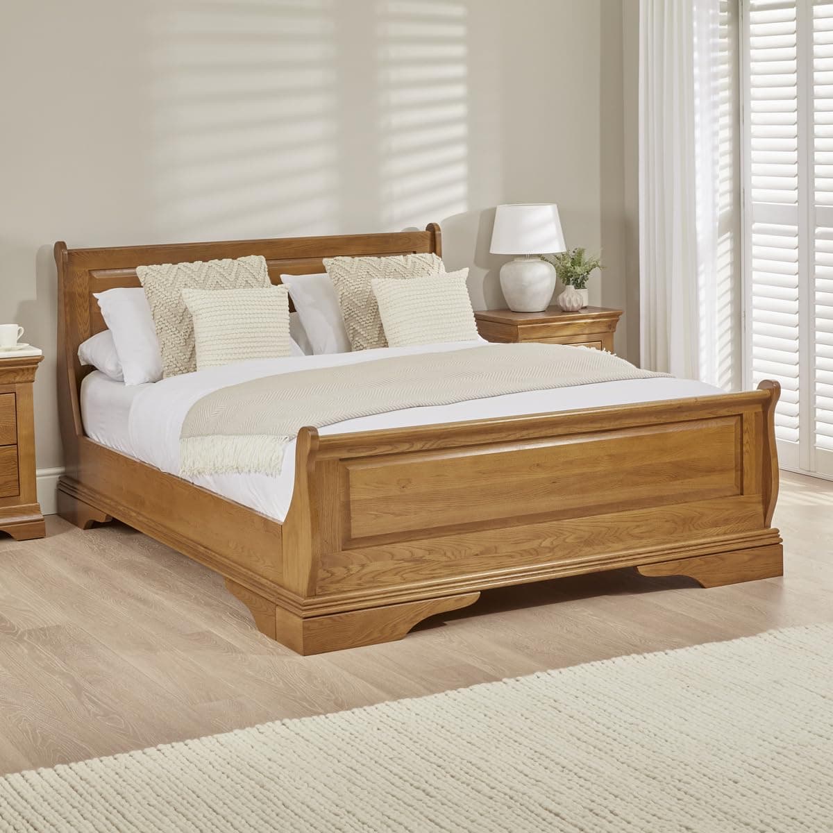 The Furniture Market French Louis Solid Oak 5ft King Size Sleigh Bed – Elegant French Styling with Sleigh Design and Satin Lacquered Finish - L 2200mm x W 1630mm x H 1015mm