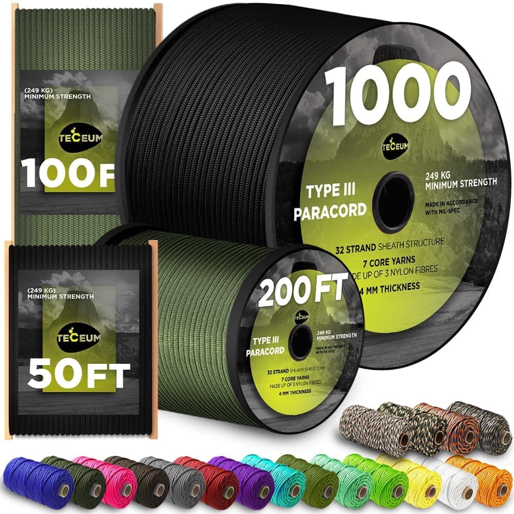 5/32" Paracord Rope 1000 – 1000ft / 200ft / 100ft / 50ft – Tactical Parachute Cord 4mm – 45+ Colors – Nylon String for Survival & Camping Gear – Stripe Cord for Survival – Utility Rope
