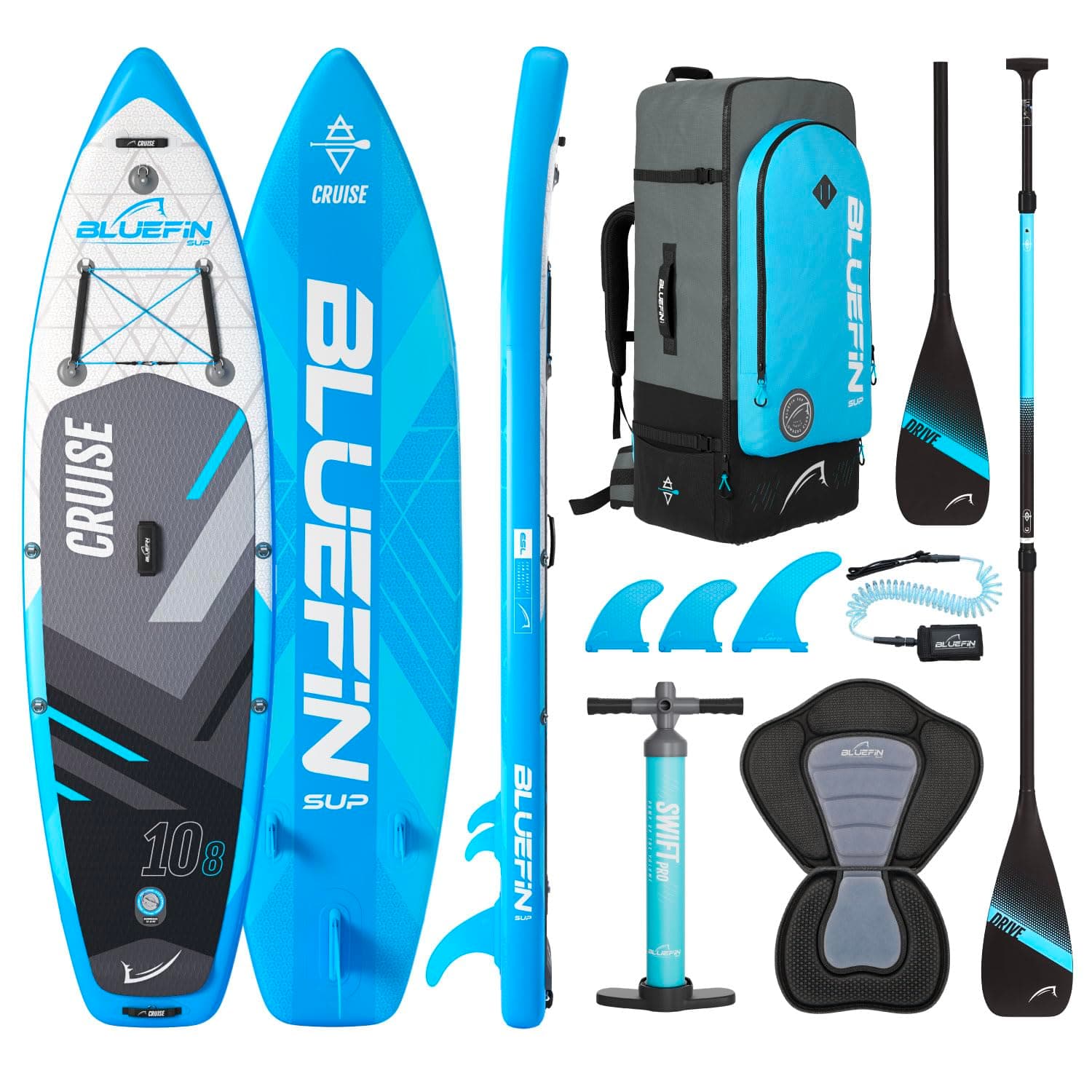 Bluefin® Cruise SUP Boards Premium Stand Up Inflatable Paddle Board Stable Design Non-Slip Design with Fibreglass Paddle & Accessories 5 Year Warranty Multiple Sizes for Adults