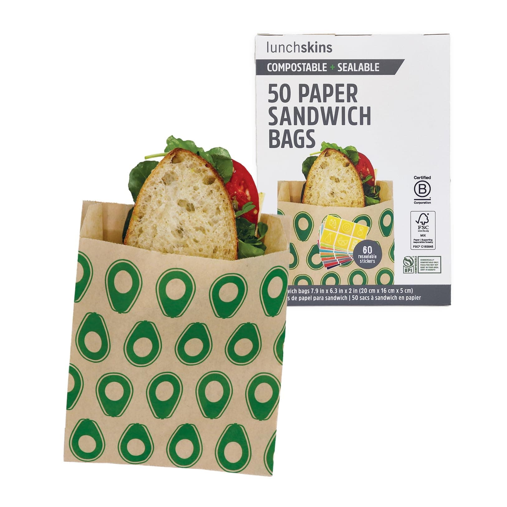 Lunchskins Compostable Food Storage Sandwich Bags Avocado, 50 count