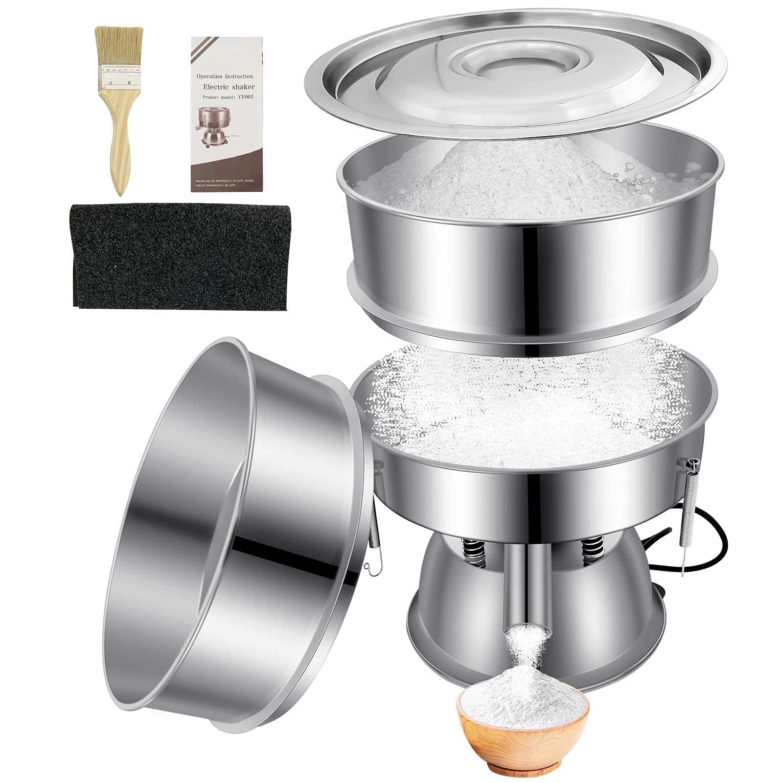Automatic Powder Sifter Machine 40 Mesh 60 Mesh Automatic Sieve Shaker Vibrating Machine 110V Stainless Steel Sieve Shaker Machine with 2 Screens Sieve Shaker Machine for Flour Powders