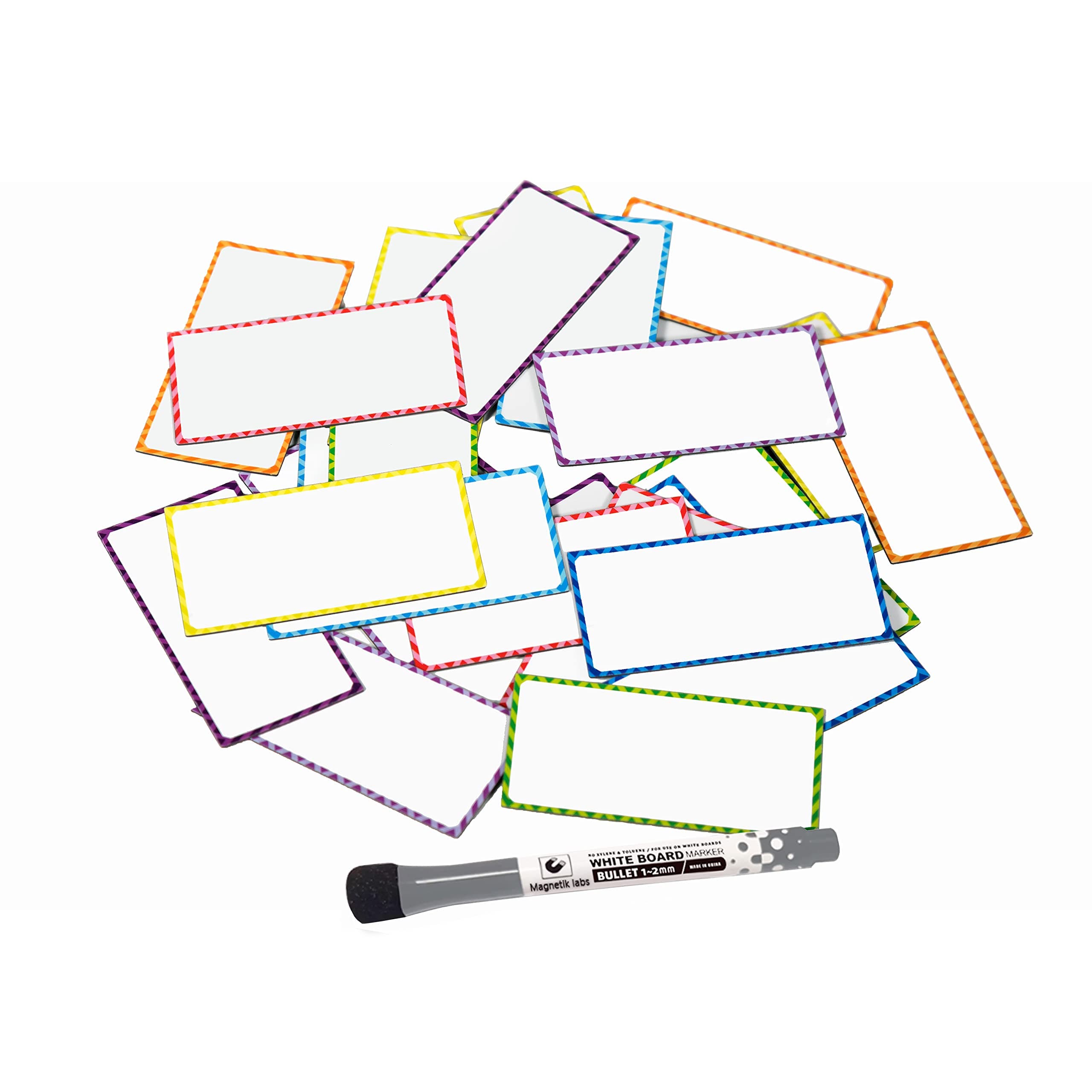 Magnetic Dry Erase Labels + Marker | 32 Reusable Whiteboard Cards 3.5" x 1.75" | Blank Magnets for Offices, Classrooms as Tags, on Refrigerator