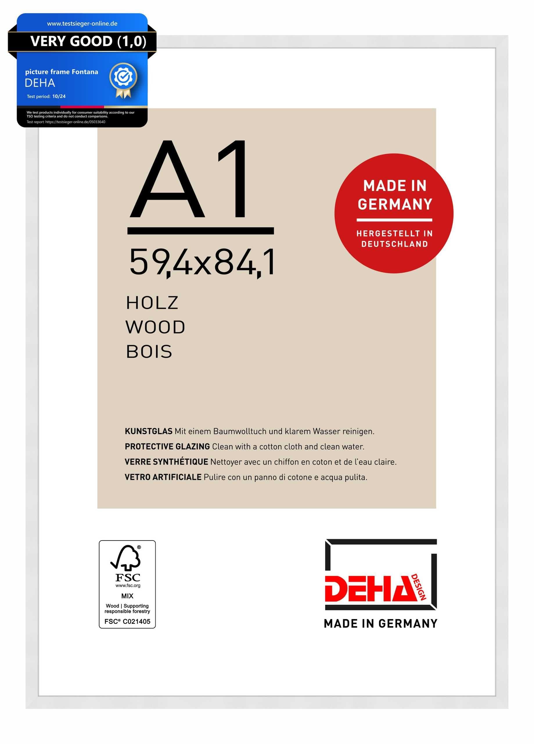 DEHA Design Fontana Wooden Picture Frame - A1 (59.4x84.1 cm) – White - with Synthetic Glass and Push/Turn Clips