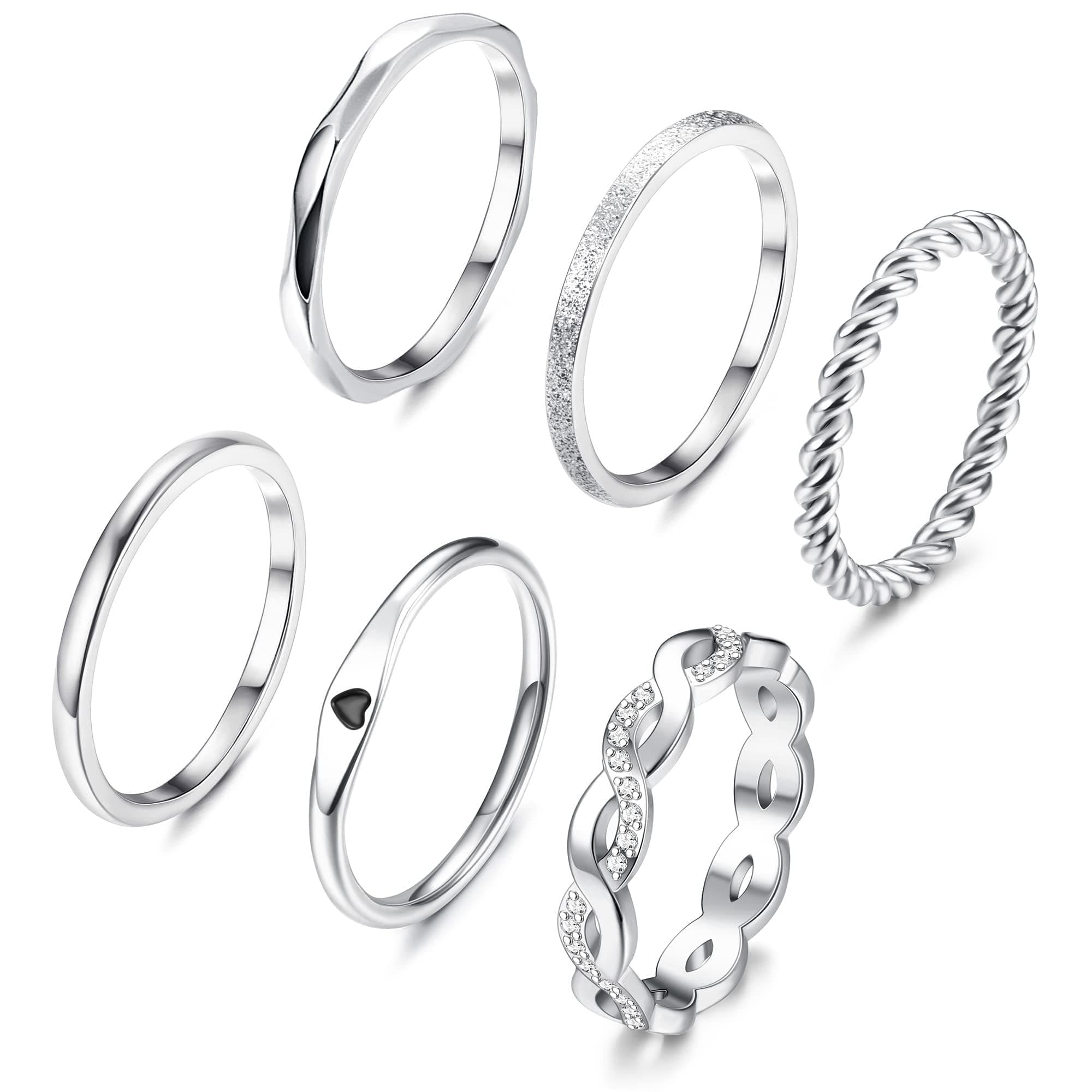 6 Pcs Stainless Steel Rings for Women Set Knuckle Rings Stackable Simple Carve Heart Wedding Bands Engagement Promise Eternity Bands Thumb Rings for Women