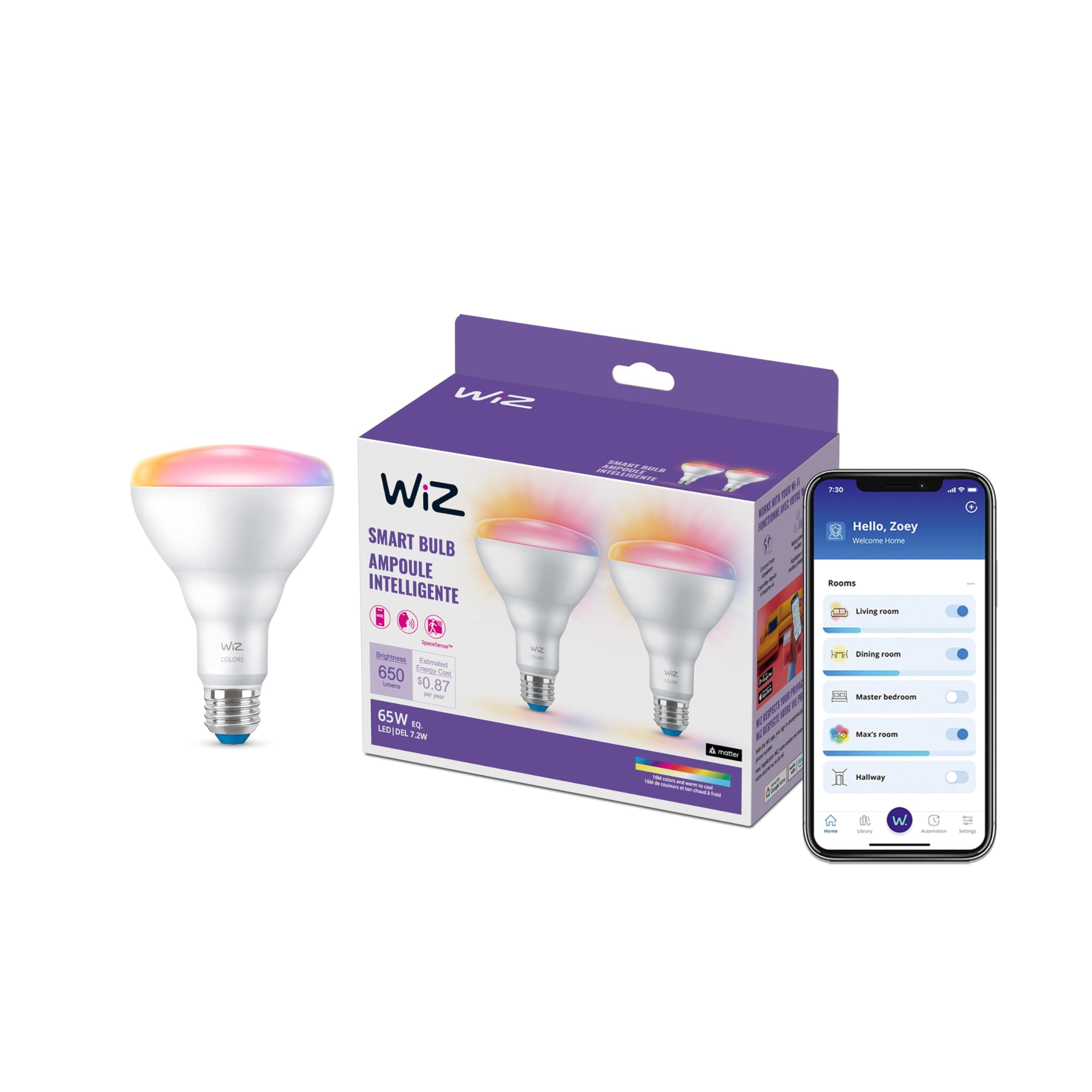 65W BR30 LED Smart Light Bulbs - Connects to Your Wi-Fi - E26 Smart Bulb - Control with Voice or App + Activate with Motion - Matter Compatible - 2 Pack