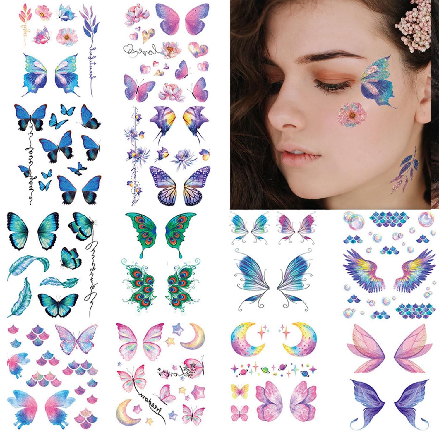 12 Sheets Butterfly Temporary Tattoo For Women, Waterproof Multicolor Mehndi Tattoo Stickers For Hands Face Body, Glitter Tattoo Sticker For Kids, Girls Party Eyes Make-Up Fake Tattoos Kits