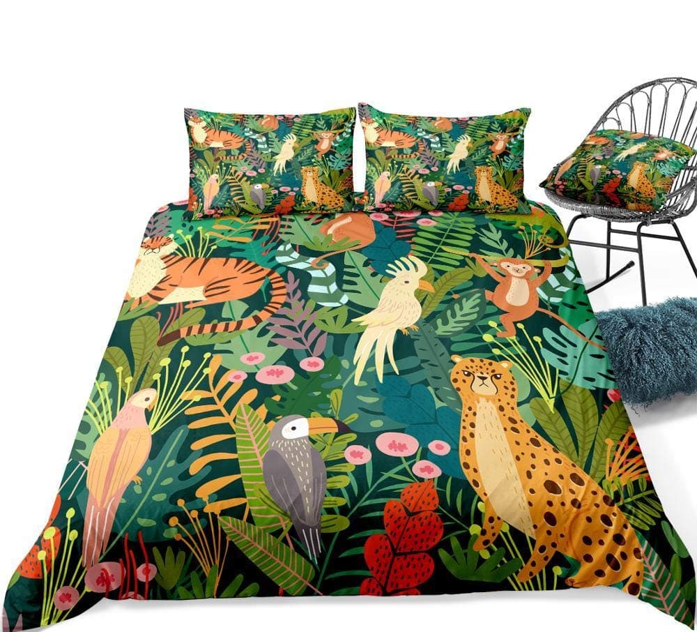 Wild Animals Bedding Tropical Plants Duvet Cover Set Parrot Monkey Pattern Palm Leaves Quilt Cover Bed Set Kids King