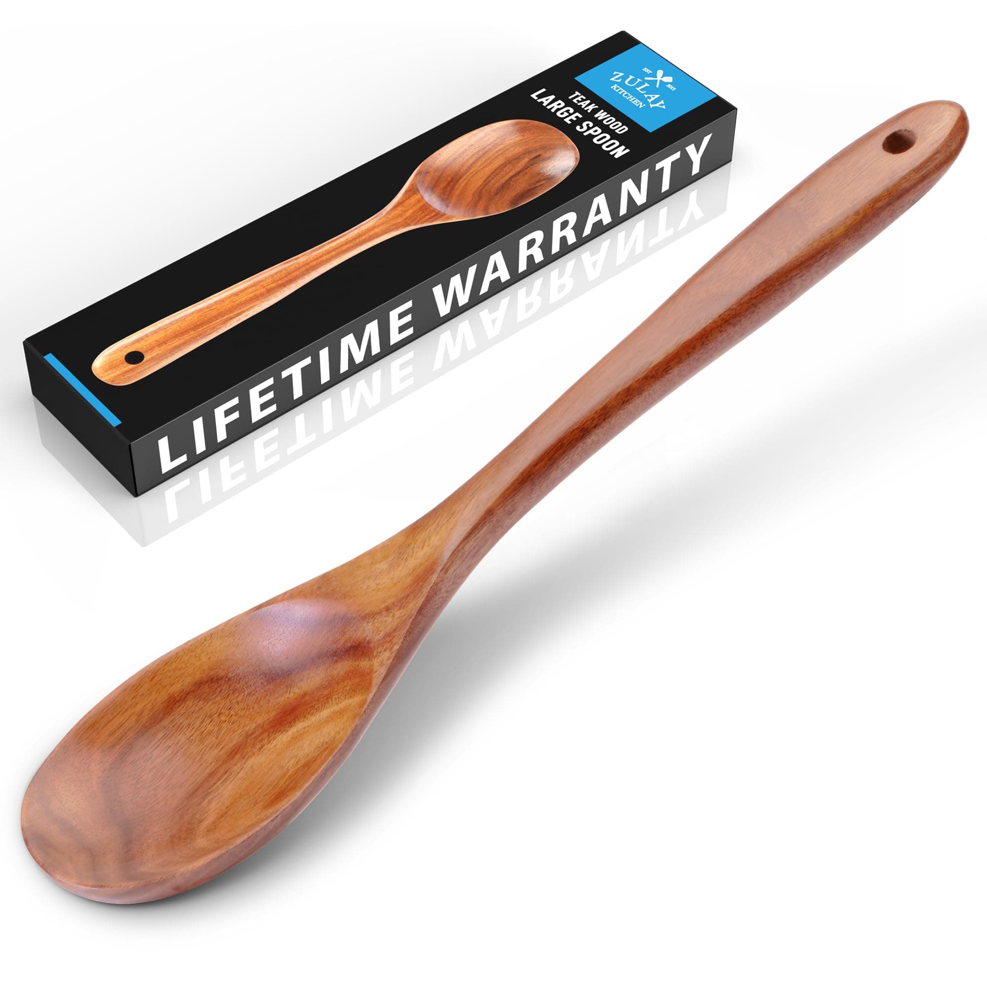 Zulay Kitchen Premium Large Teak Wooden Spoon For Cooking - Durable Wooden Cooking Utensil, Perfect Wooden Kitchen Utensil Set Addition, Smooth Finish Natural Teak Spoon, Non-Stick Wooden Spoon
